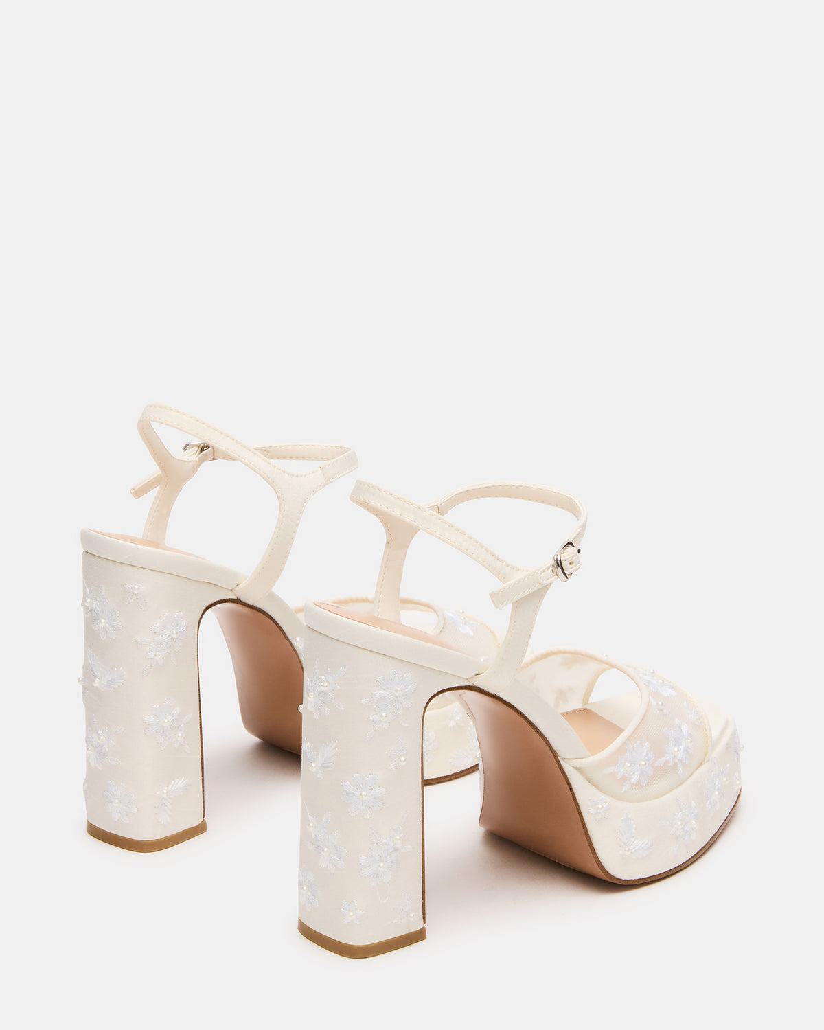 LIANDRA Embellished White Mesh Platform Square-Toe Strappy Women's Heel