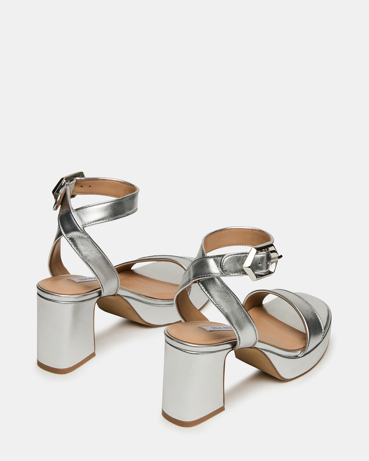 ELIDA Silver Leather Ankle Strap Platform Women's Block Heel