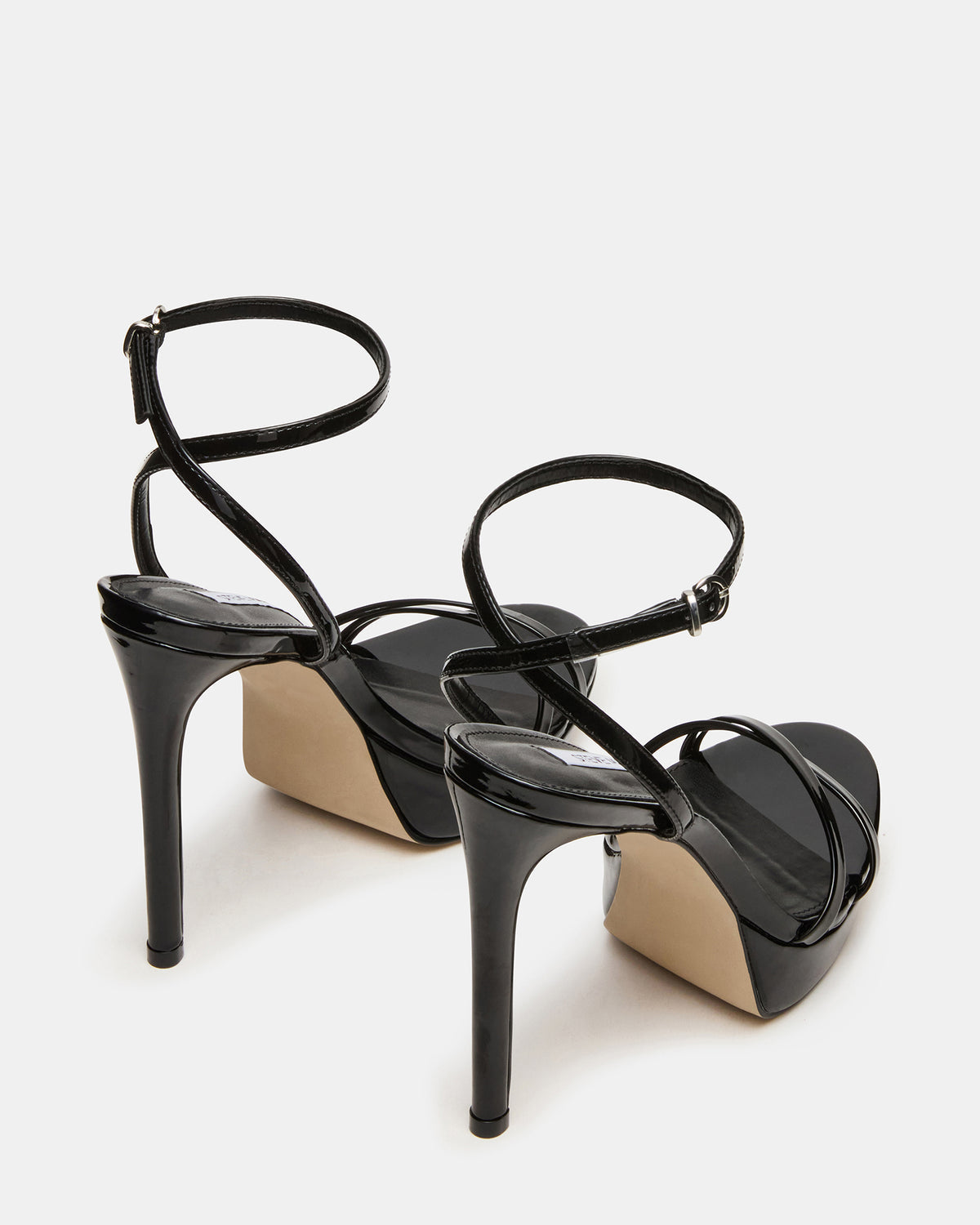 JUNI Black Patent Criss Cross Stiletto Ankle Strap Women's Heel