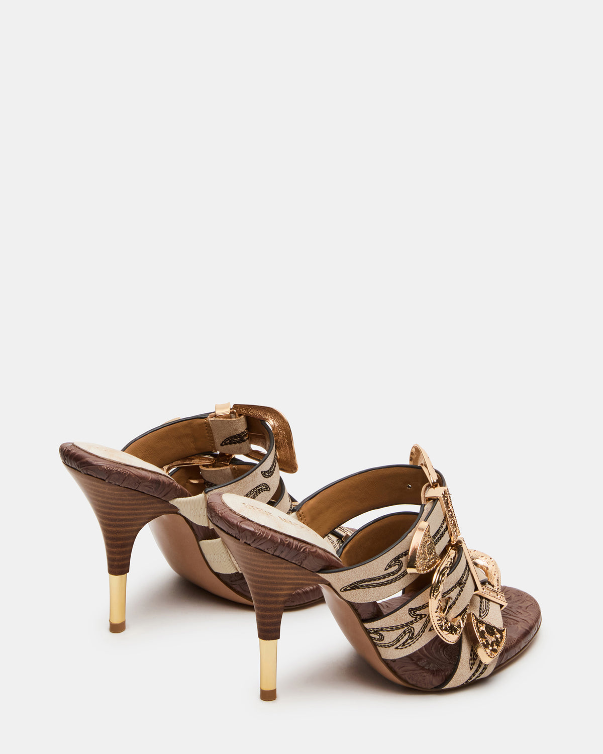 FARRA White Distressed Western-Inspired Stiletto Buckle Mule Women's Heel