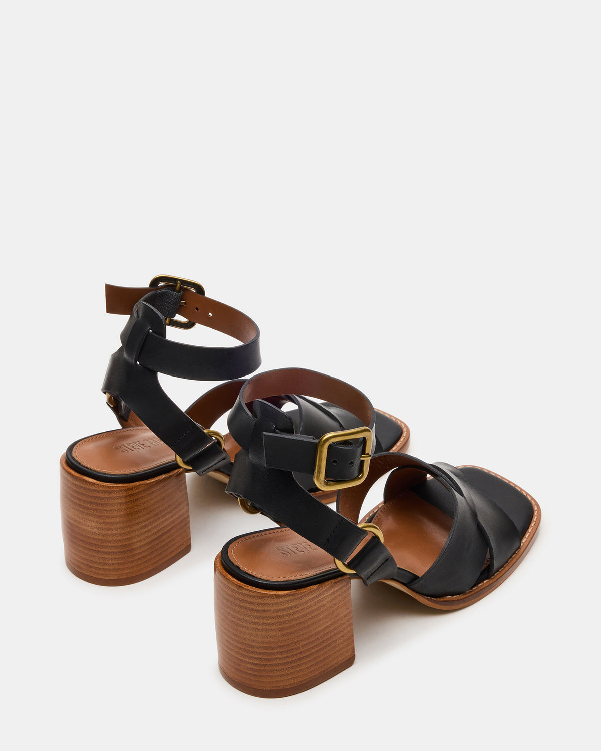 TRURO Black Leather Strappy Wood Bottom Square-Toe Women's Heel