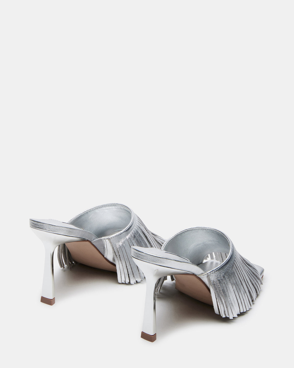 MORINA Silver Leather Square-Toe Stiletto Mule Fringe Heel | Women's Heels