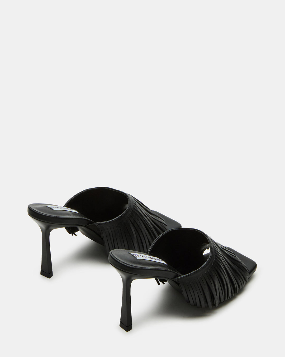 MORINA Black Leather Square-Toe Stiletto Mule Fringe Heel | Women's Heels