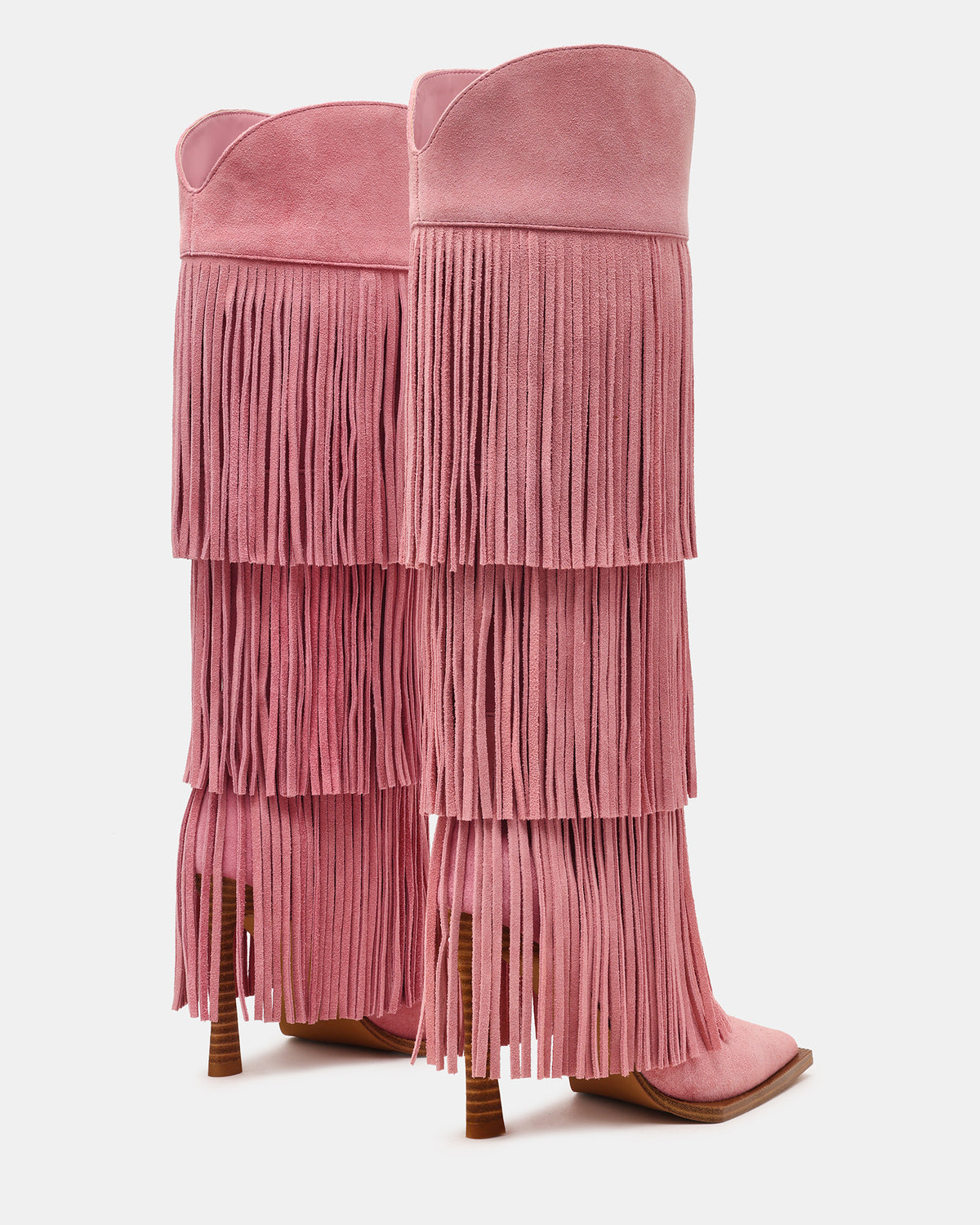 KINZEE Fringe Pink Suede Pointed-Toe Knee-High Western Stiletto Women's Boot