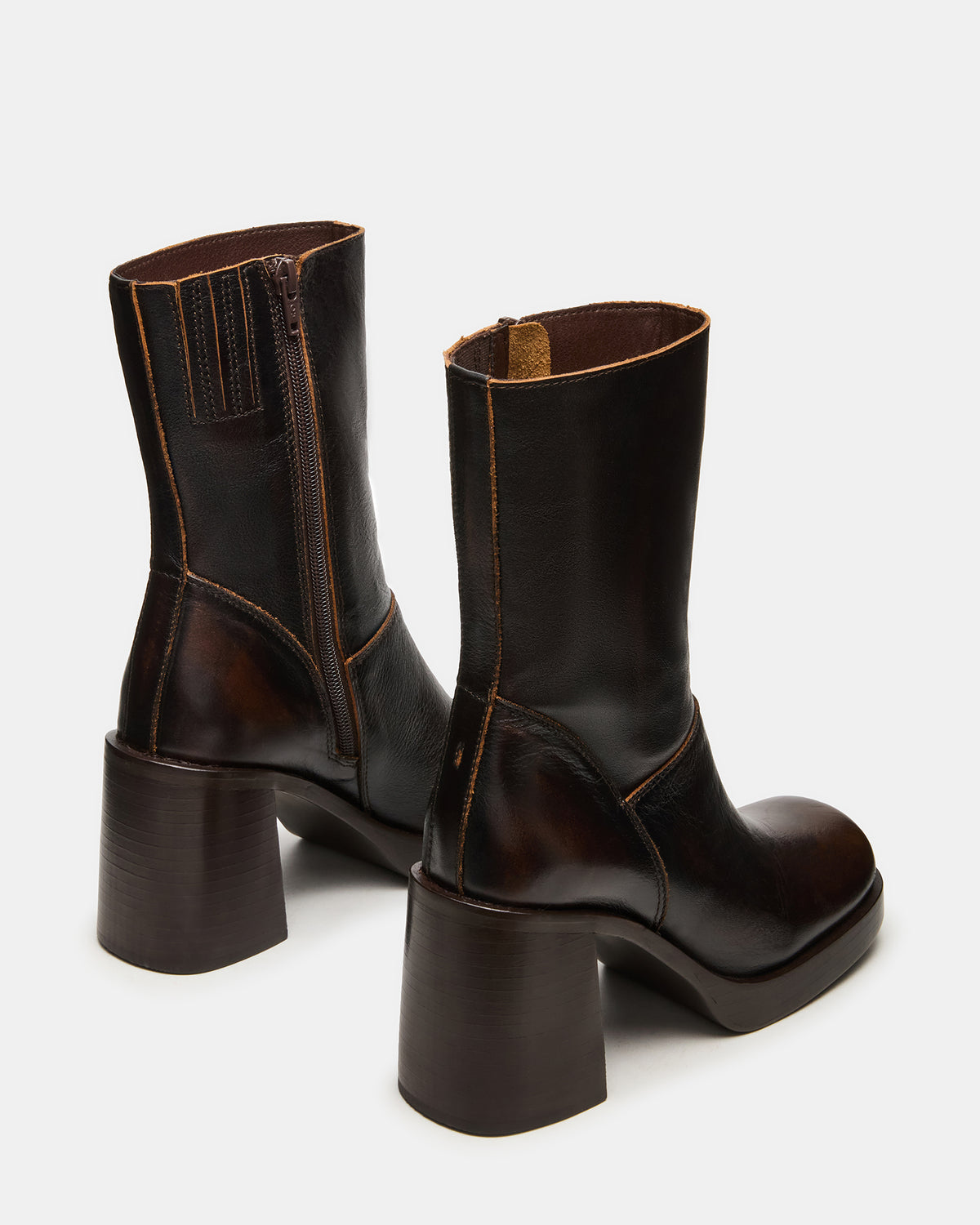 FUSION Brown Distressed Square-Toe Block Heel Women's Ankle Boot