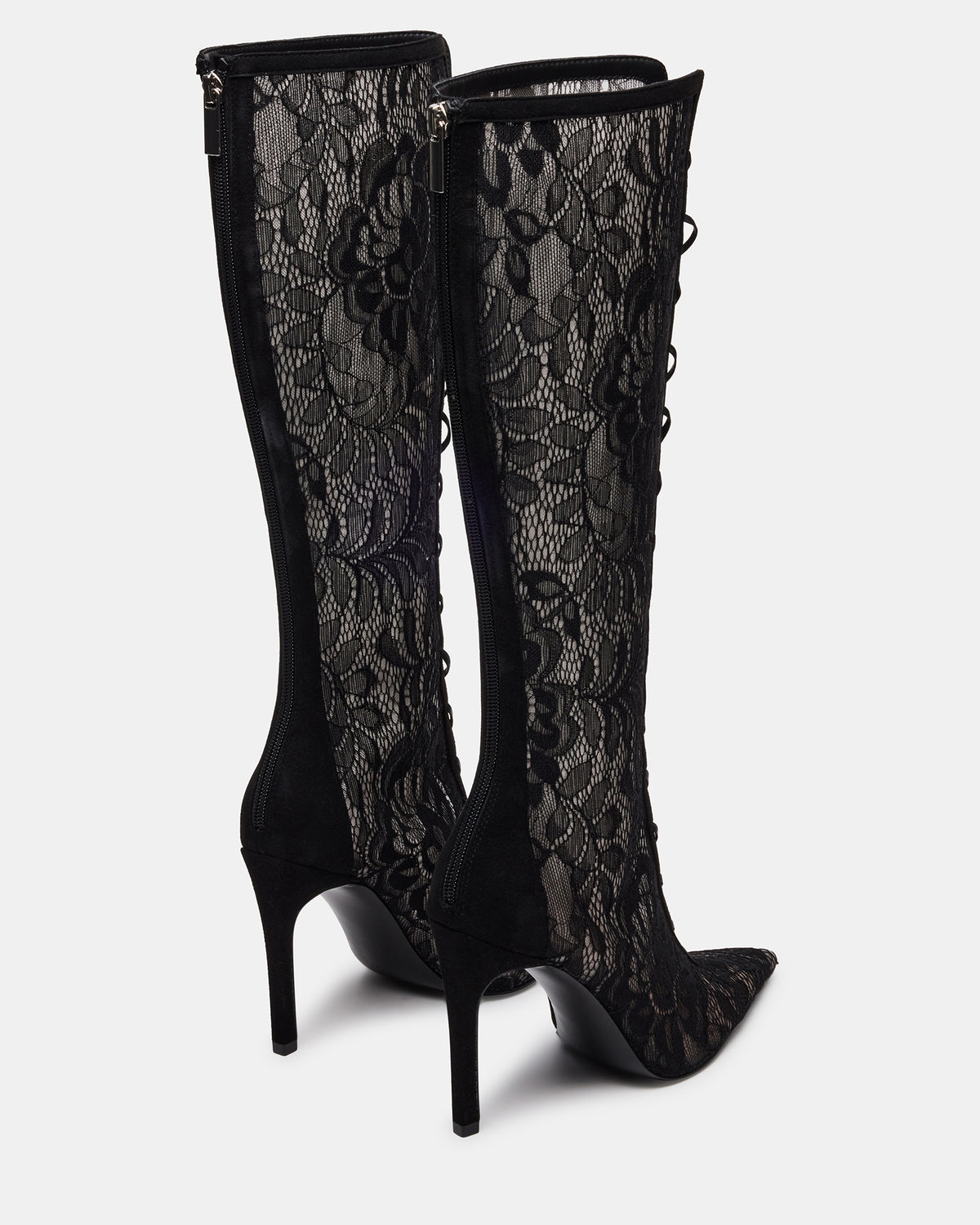 MAXINE Black Lace Pointed-Toe Knee-High Lace-Up Stiletto Women's Boot