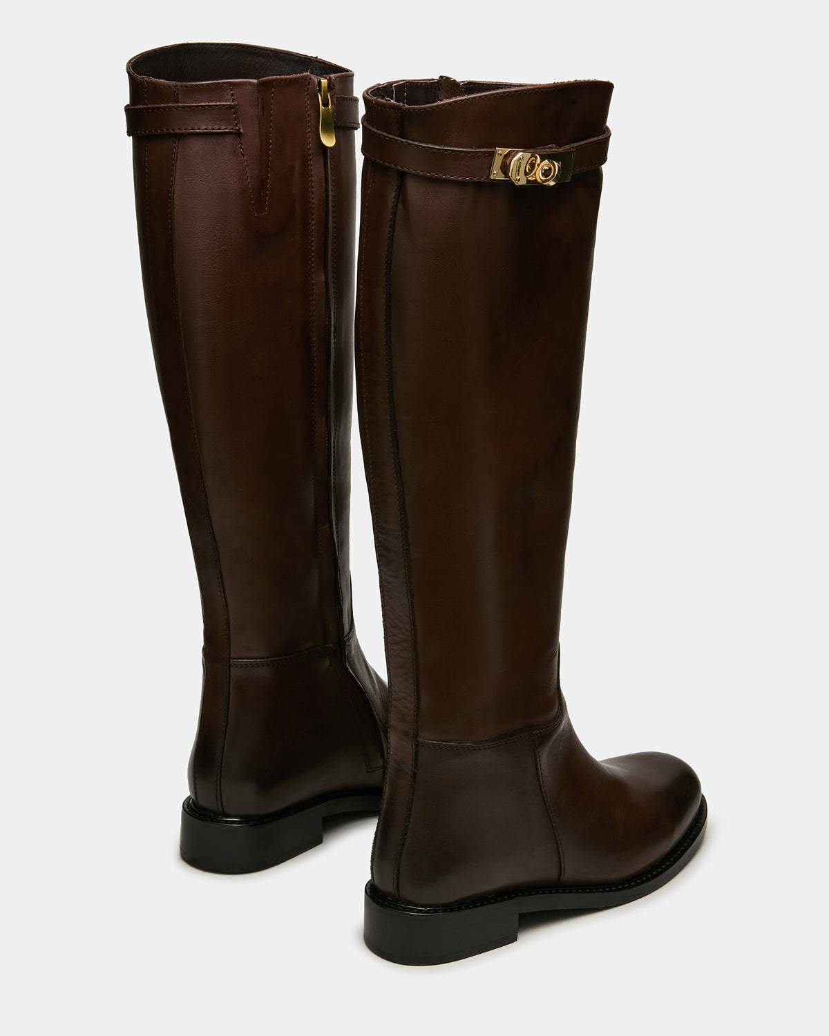 BEXLEY Brown Leather Knee-High Round-Toe Buckle Women's Boot