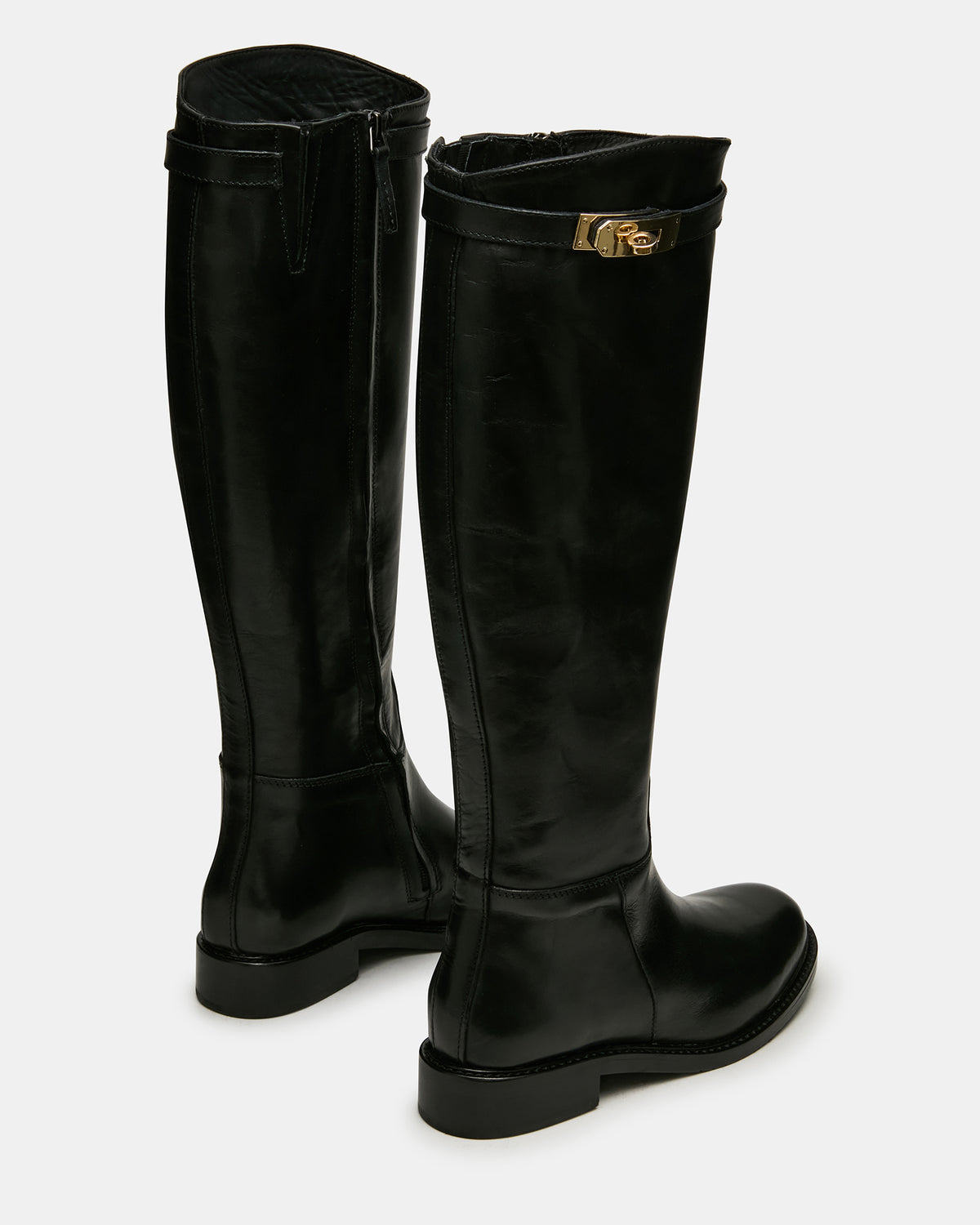 BEXLEY Black Leather Knee-High Round-Toe Buckle Women's Boot