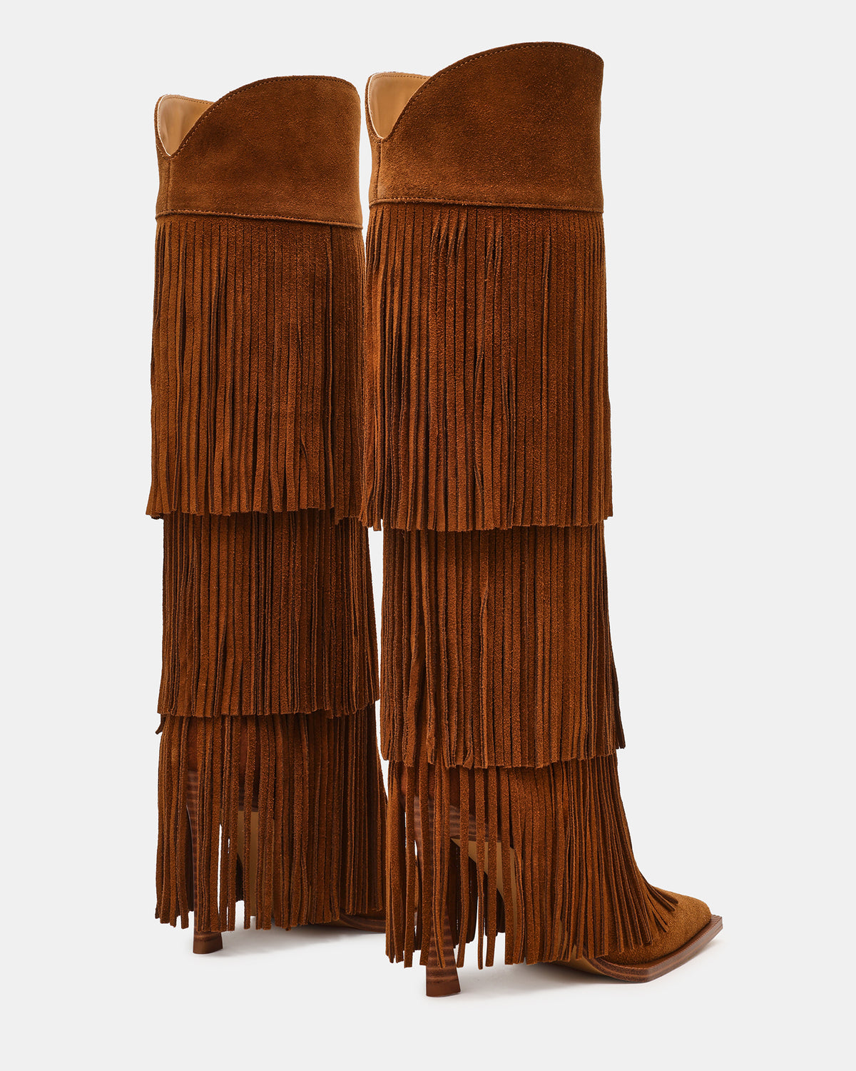 KINZEE Fringe Chestnut Suede Pointed-Toe Knee-High Western Stiletto Women's Boot