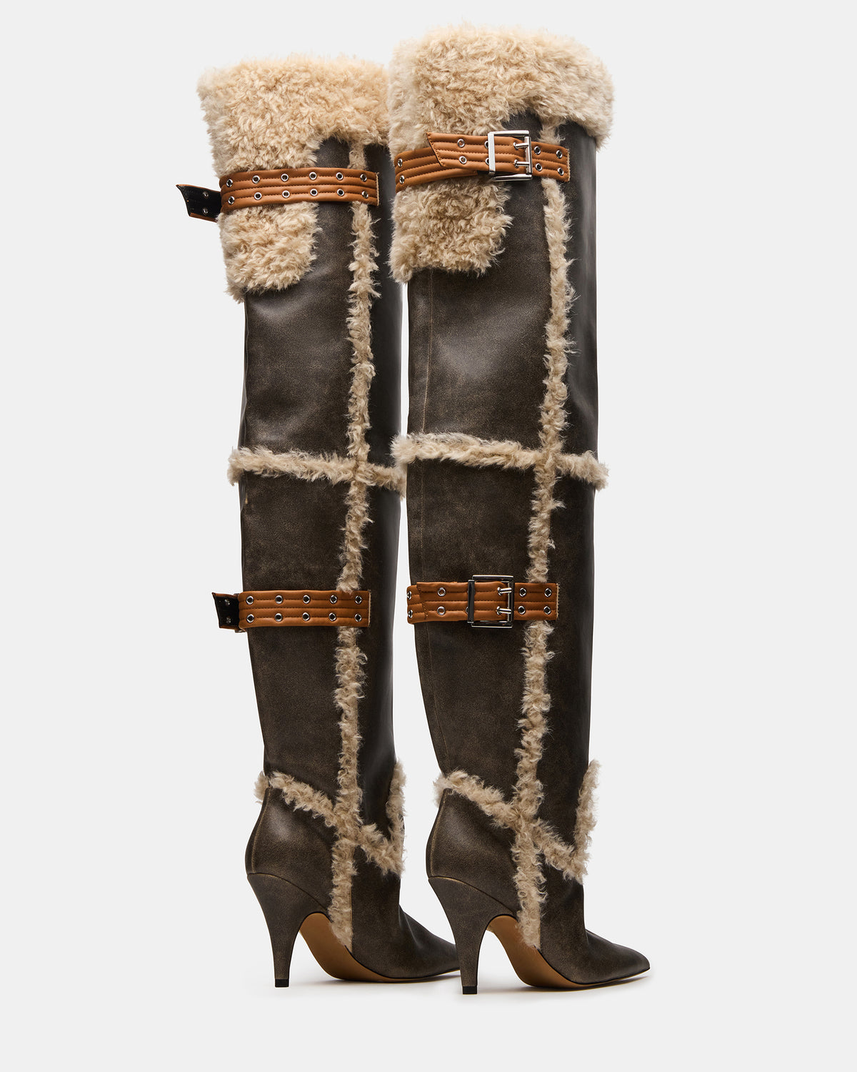 BADDIE Faux Fur Brown Distressed Over-The-Knee Moto Women's Boot