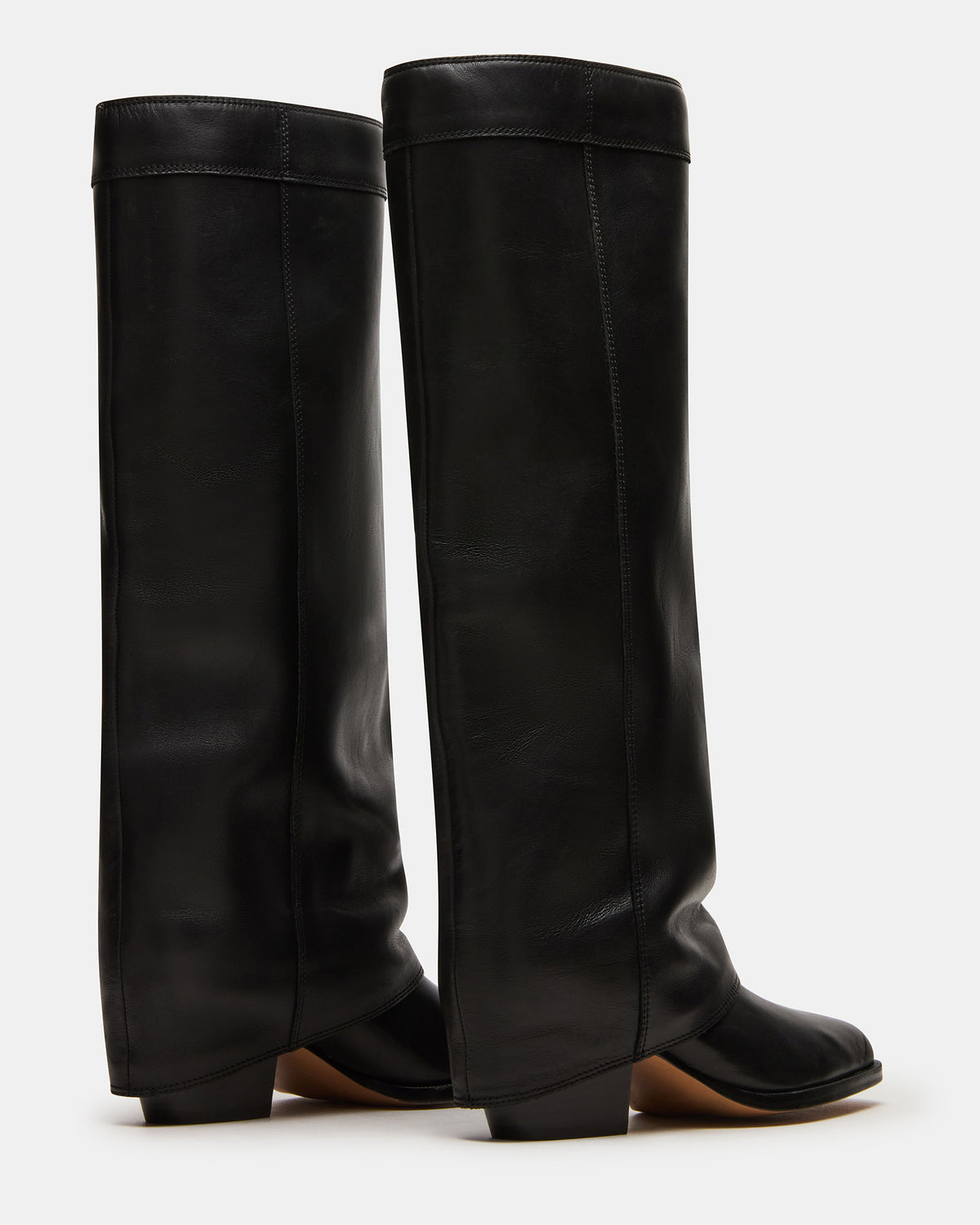 WINNICK Black Leather Knee-High Cuffed Fold-Over Block Heel Women's Boot