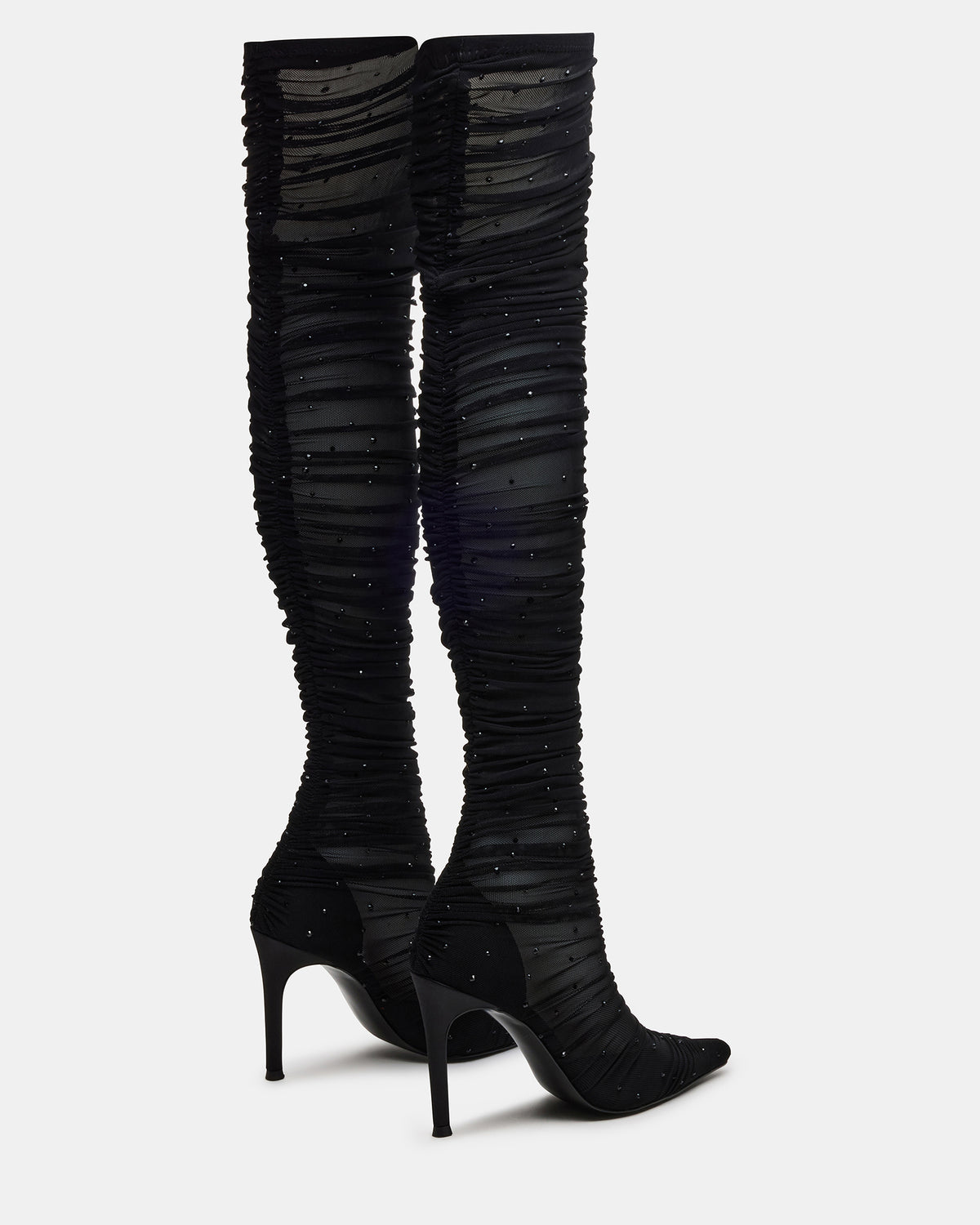 RASHIDA Black Mesh Over-The-Knee Pointed-Toe Rhinestone Stiletto Heel Women's Boot