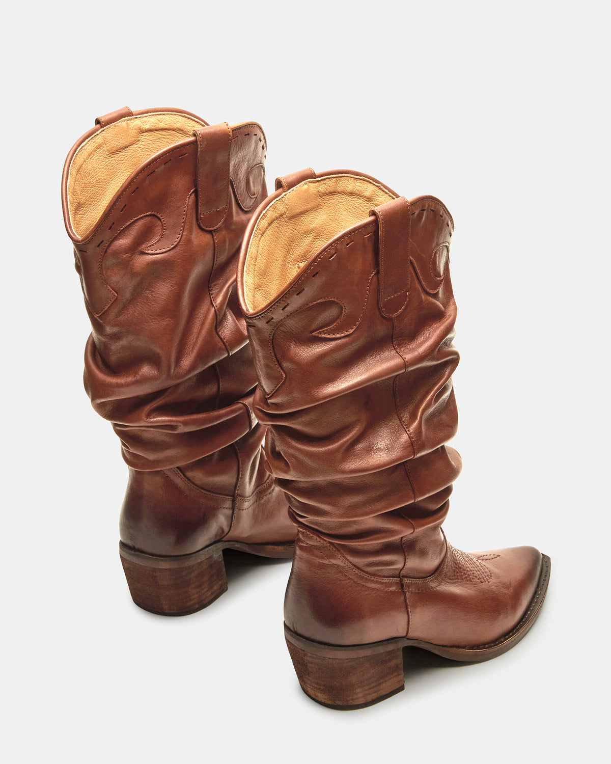 STAGE Cognac Leather Pointed-Toe Scrunched Western Women's Boot