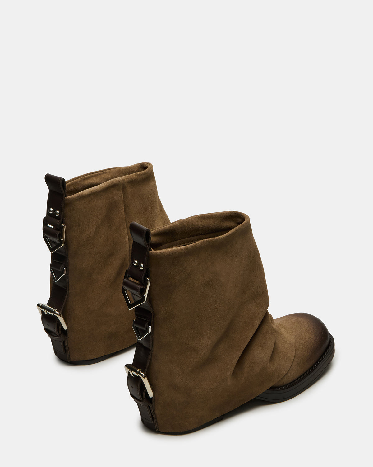 BENJI Taupe Suede Cuffed Fold-Over Moto Buckle Women's Ankle Boot