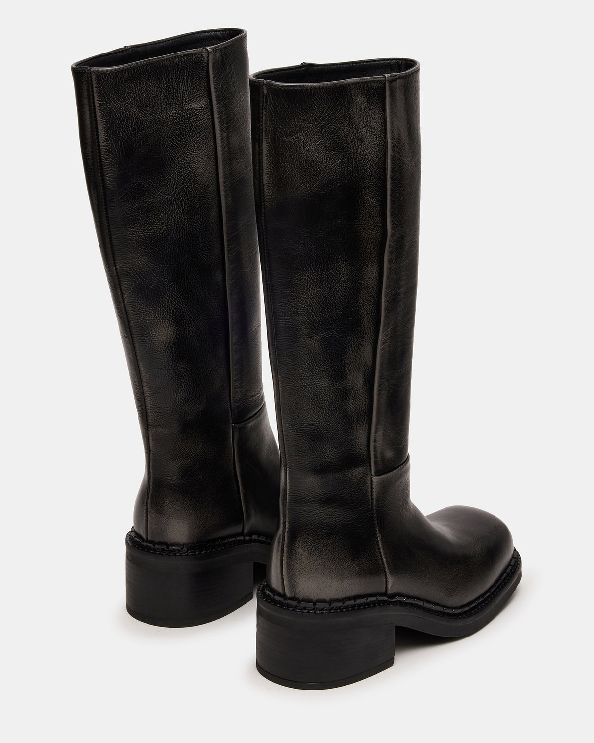 DAVOS Black Distressed Square-Toe Knee High Block Heel Women's Boot