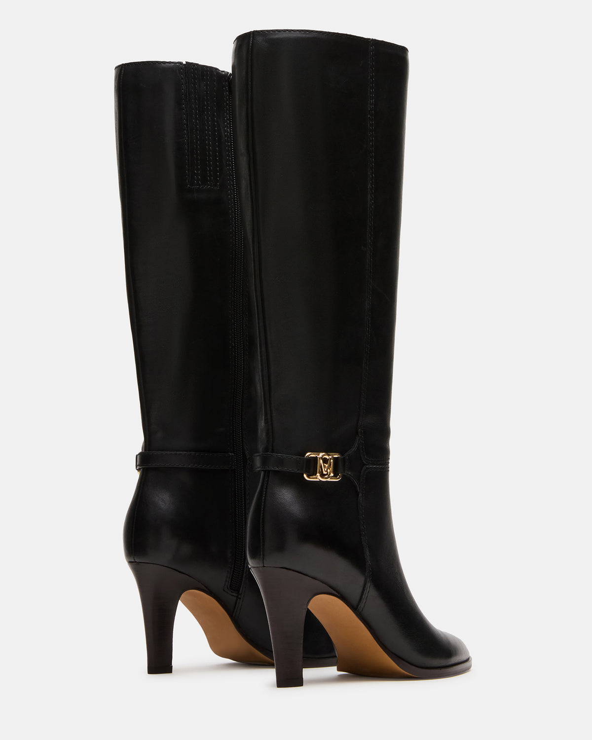 RHETT Black Leather Knee-High Heeled Women's Boot