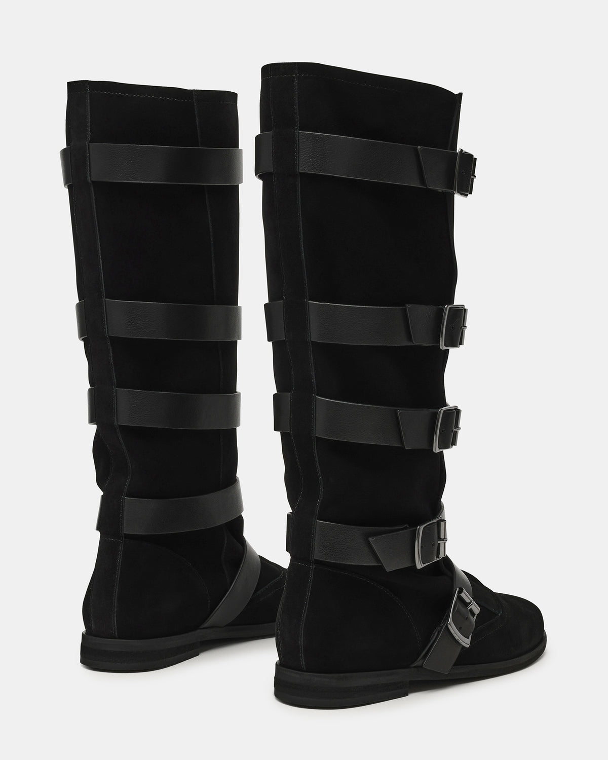 INDIO Black Suede Buckle Strap Knee-High Round-Toe Women's Boot