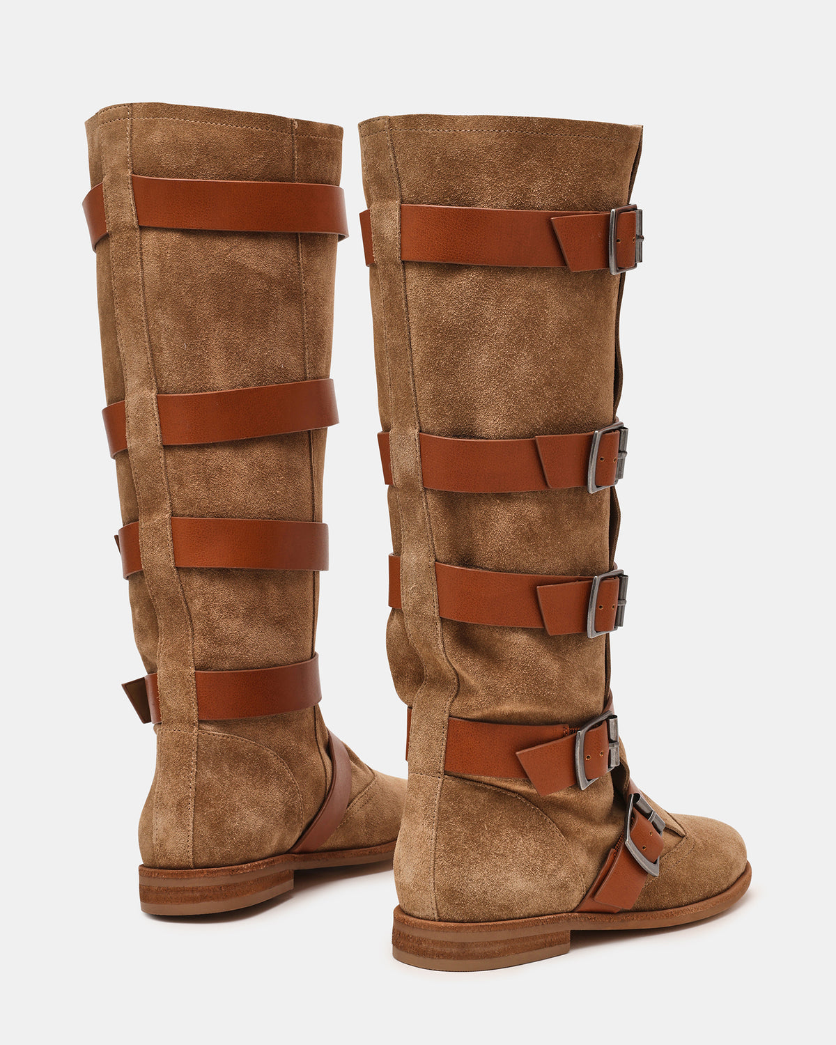 INDIO Tan Suede Buckle Strap Knee-High Round-Toe Women's Boot