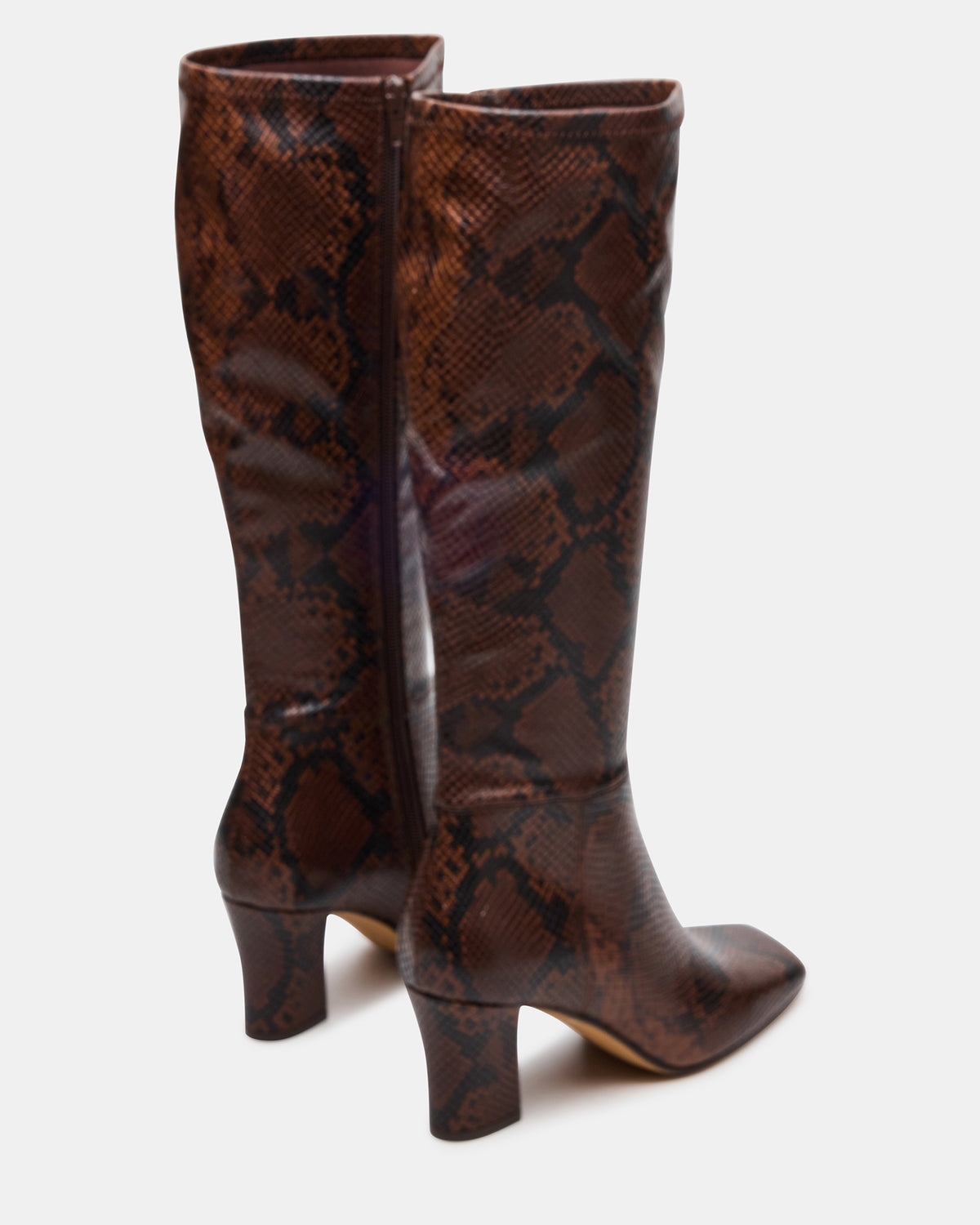 ELLIOT Brown Snake Square-Toe Knee-High Block Heel Women's Boot
