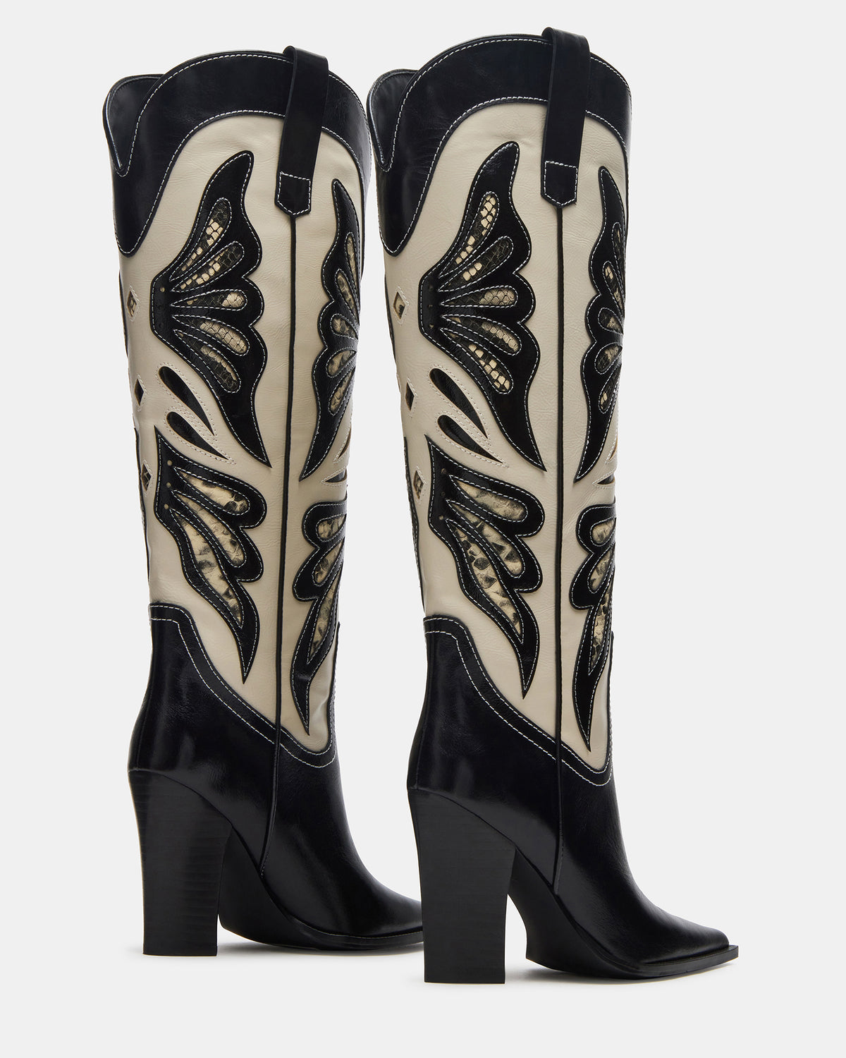 KAZ Black/White Pointed-Toe Knee-High Block Heel Western Women's Boot