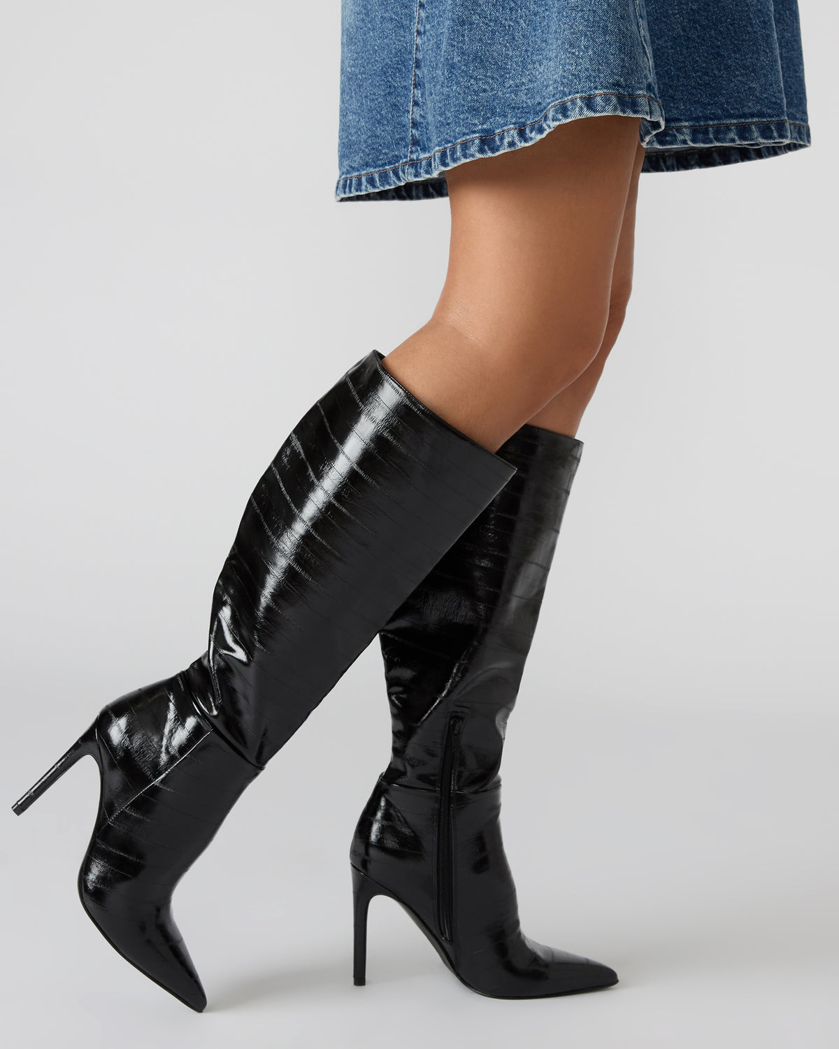 NITRO Black Studs Pointed-Toe Stiletto Heel Knee-High Women's Boots