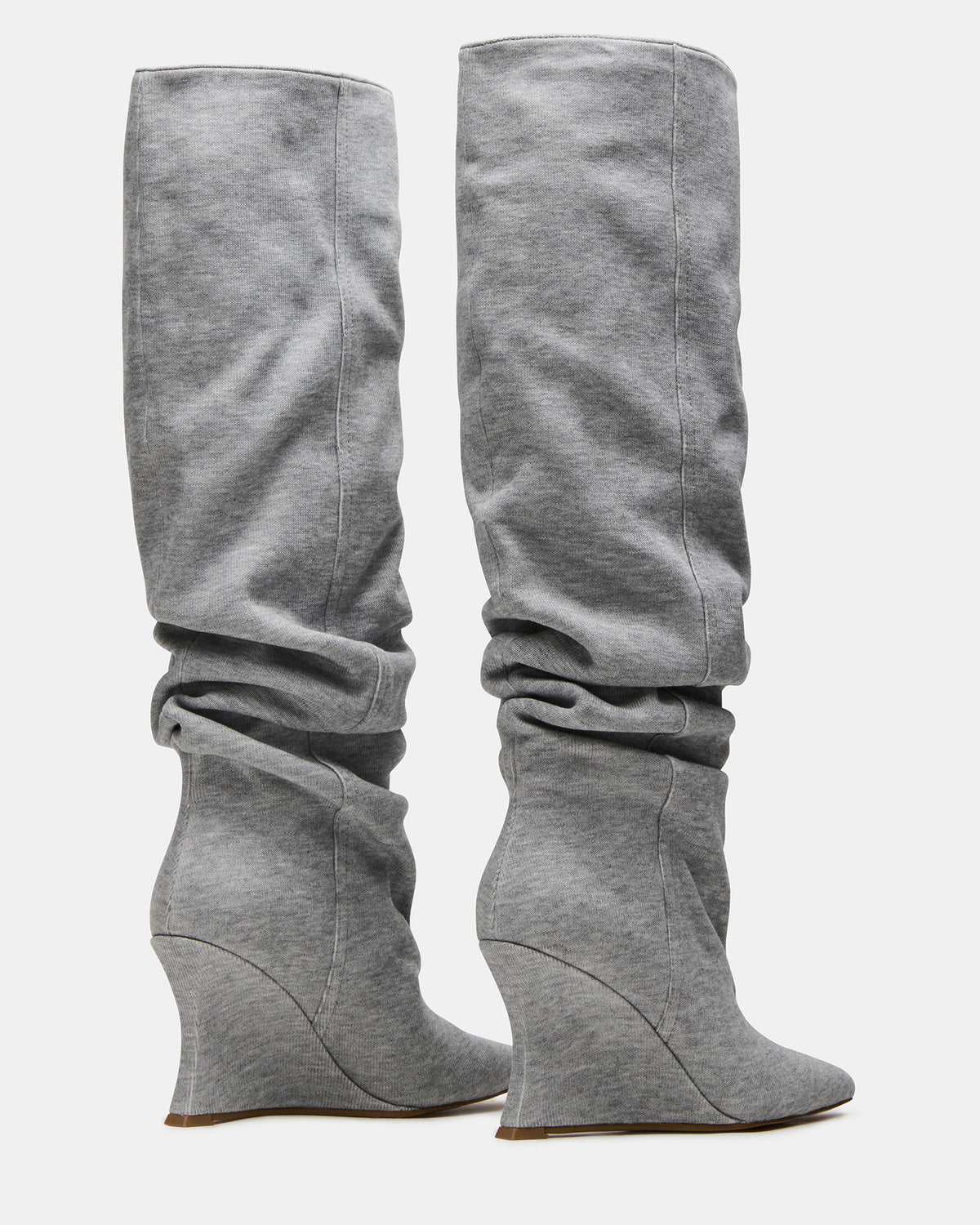 DISTORTION Grey Fabric Pointed-Toe Scrunched Knee-High Wedge Women's Boot