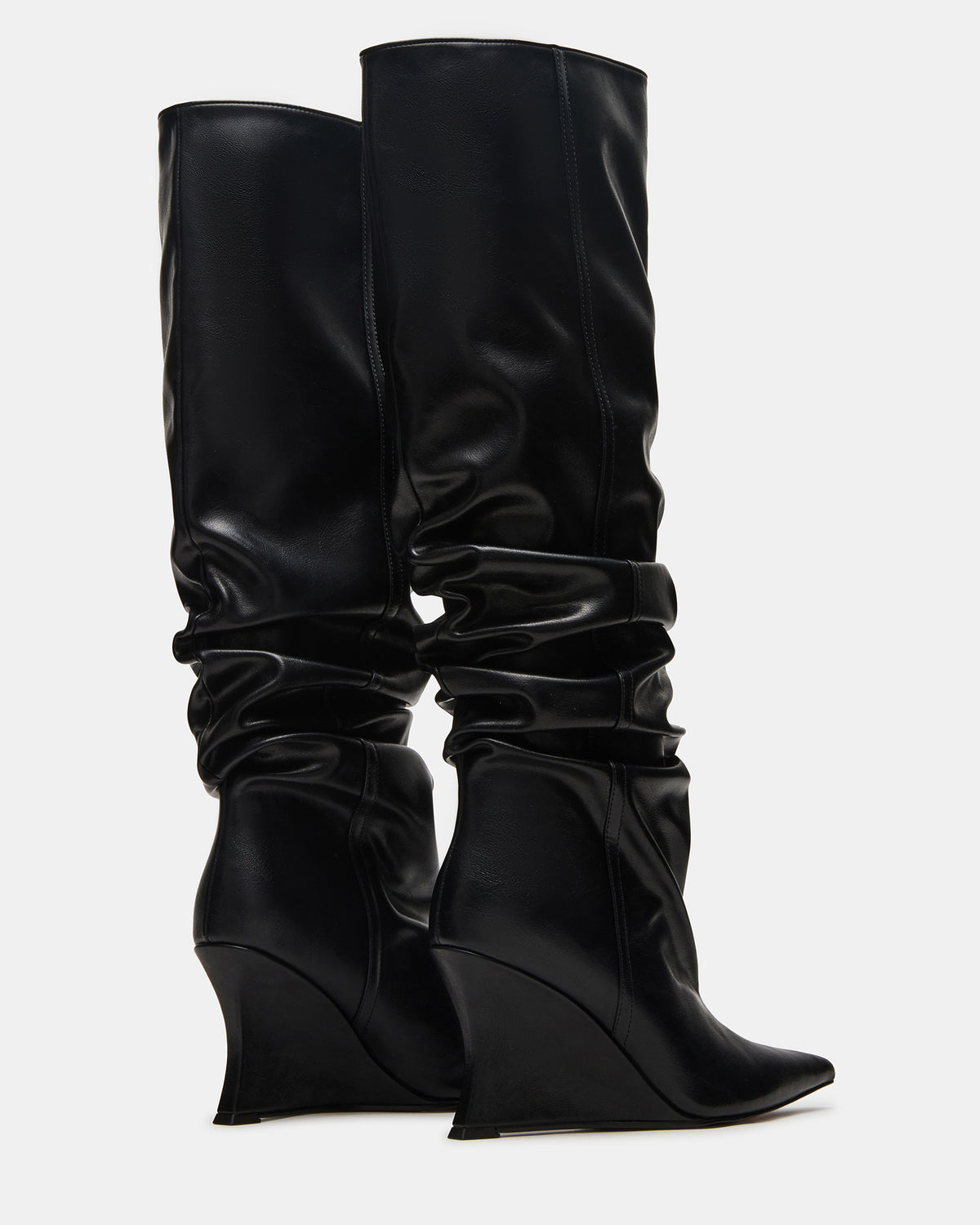 DISTORTION Black Pointed-Toe Scrunched Knee-High Wedge Women's Boot