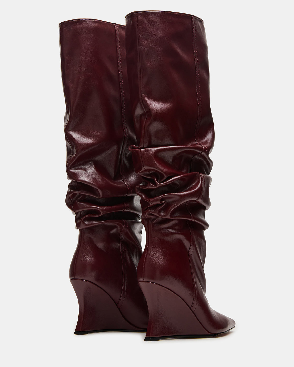DISTORTION Burgundy Pointed-Toe Scrunched Knee-High Wedge Women's Boot