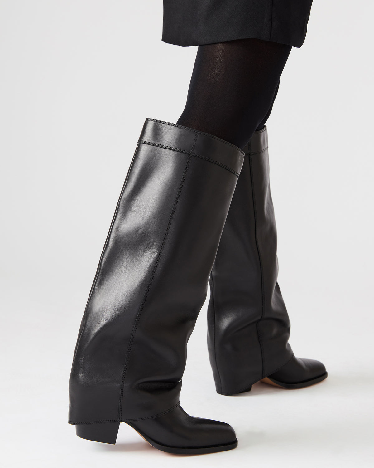 WINNICK Olive Leather Knee-High Cuffed Fold-Over Block Heel Women's Boot