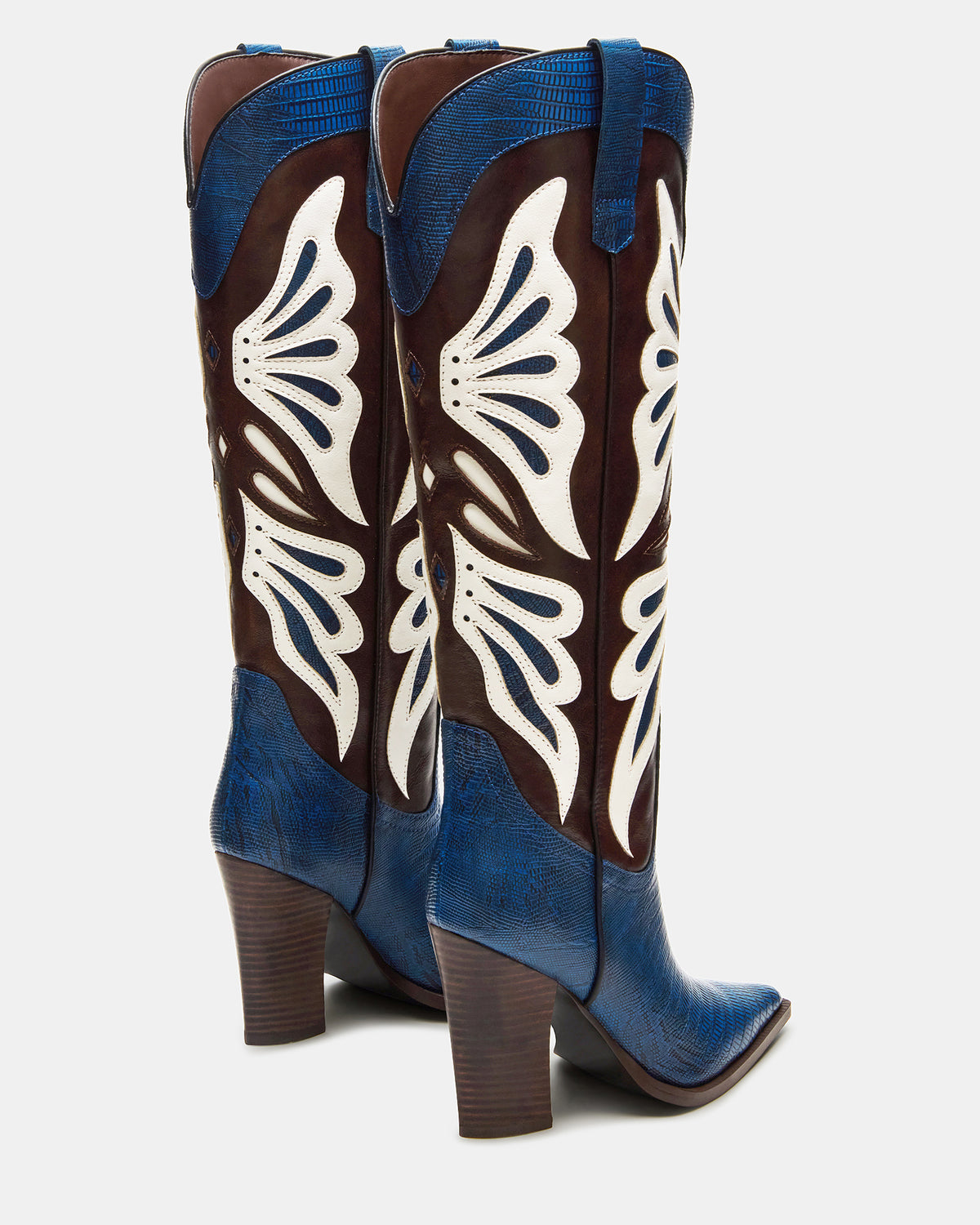 KAZ Blue/White Pointed-Toe Knee-High Block Heel Western Women's Boot