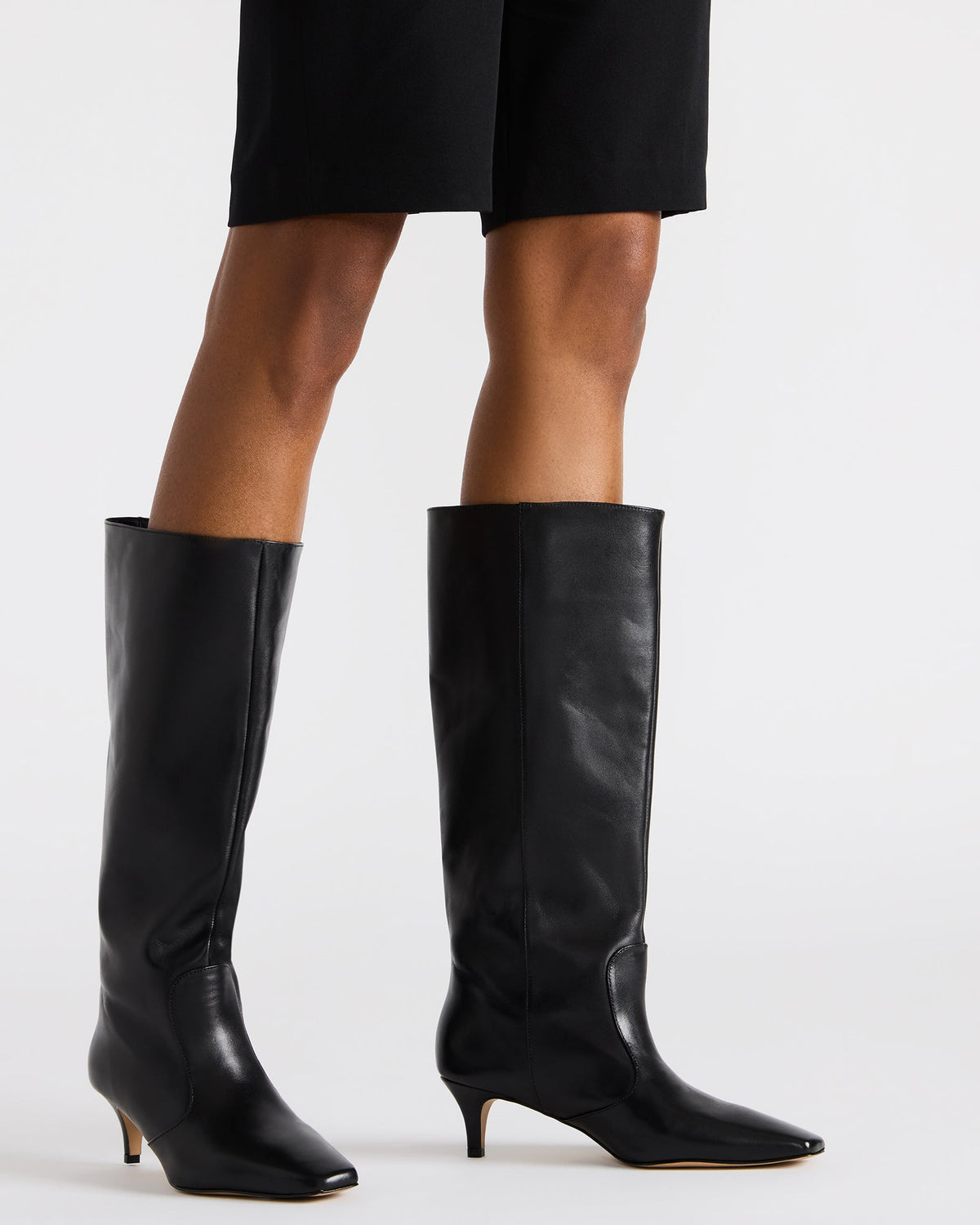 LANDER White Leather Knee-High Kitten Heel Women's Boot