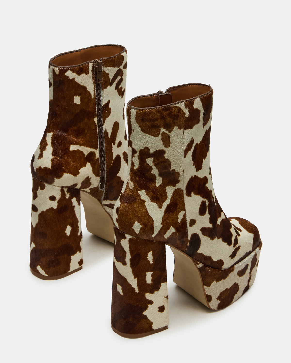 TRILLION Brown Cow Print Platform Square-Toe Block Heel Women's Ankle Boot