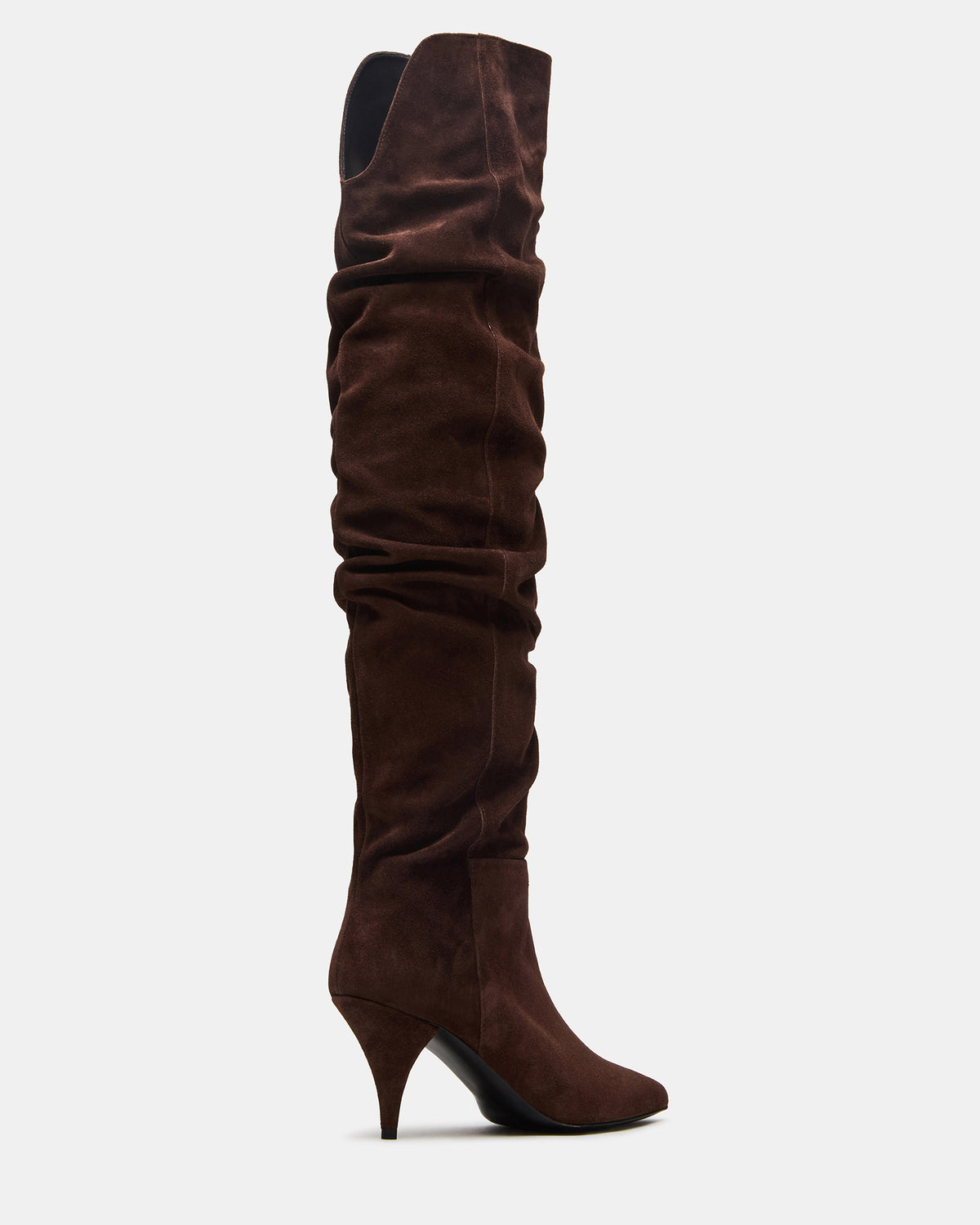LINGER Brown Suede Pointed-Toe Over-The-Knee Heeled Women's Boot