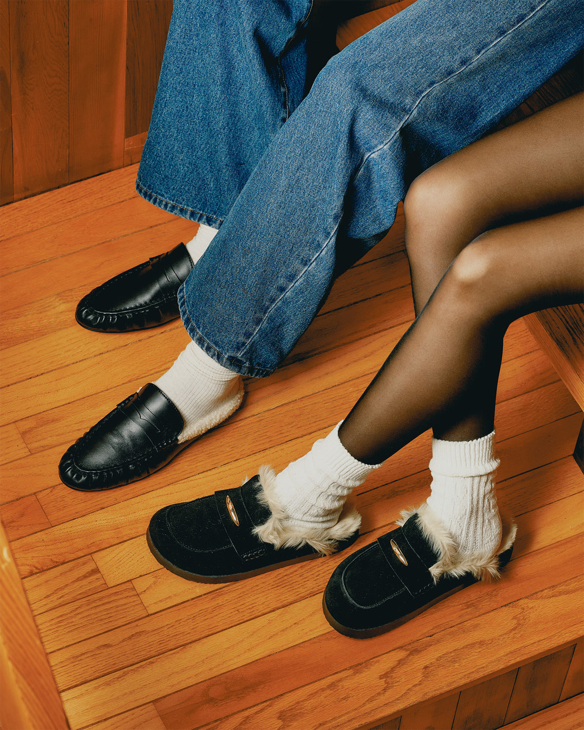 RAFE Faux Fur Black Leather Slip-On Mule Women's Flat