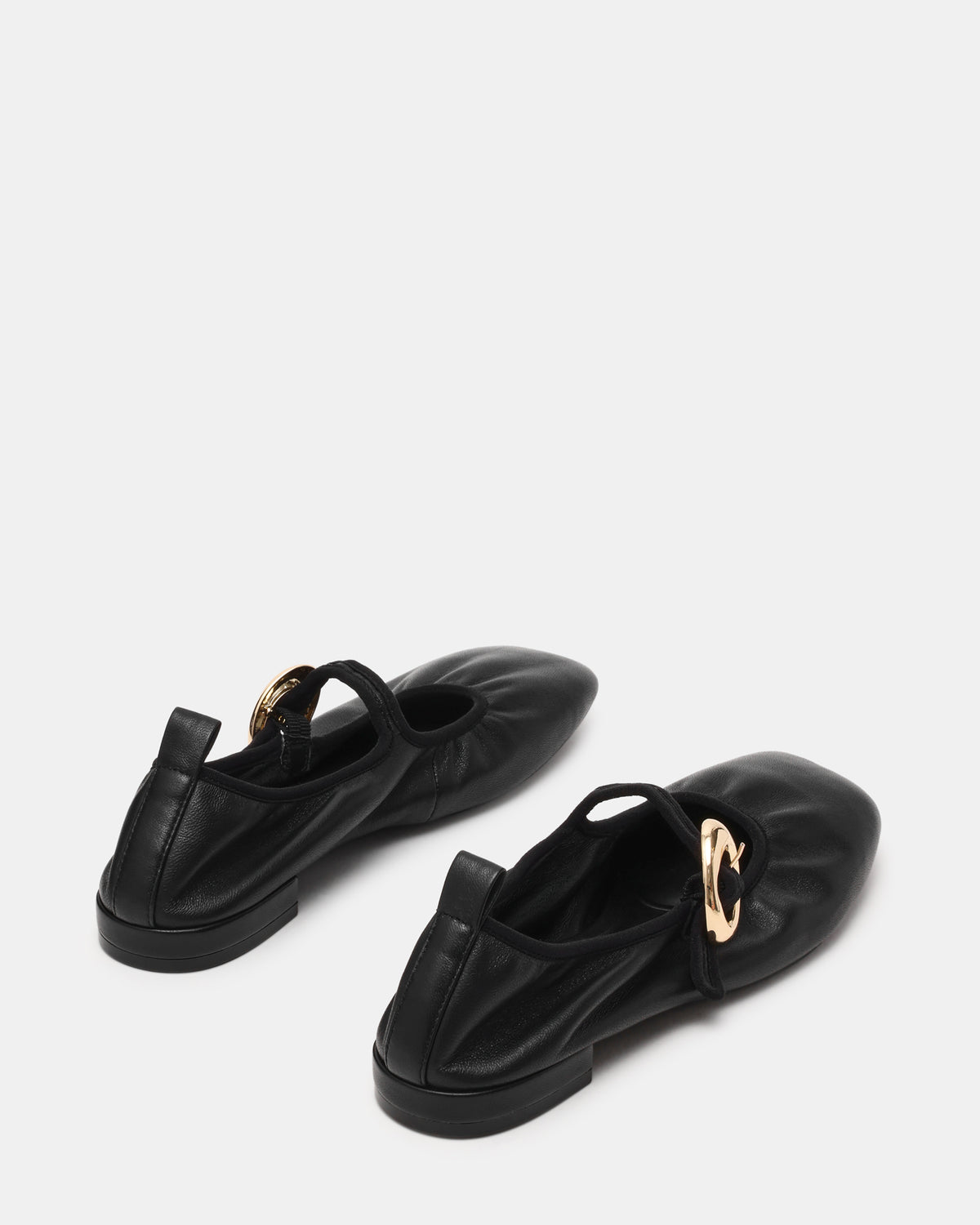 DAFFIA Black Leather Mary Jane Gold-Detail Buckle Ballet Women's Flat