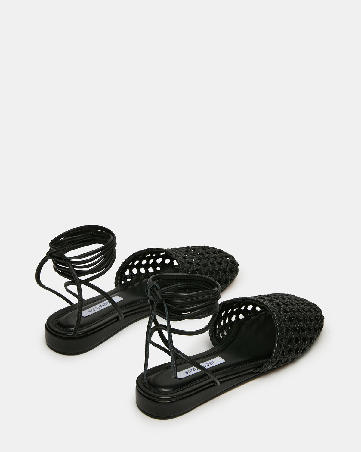 FLUTTER Black Leather Woven Mule Leg-Ties Strappy Women's Flat