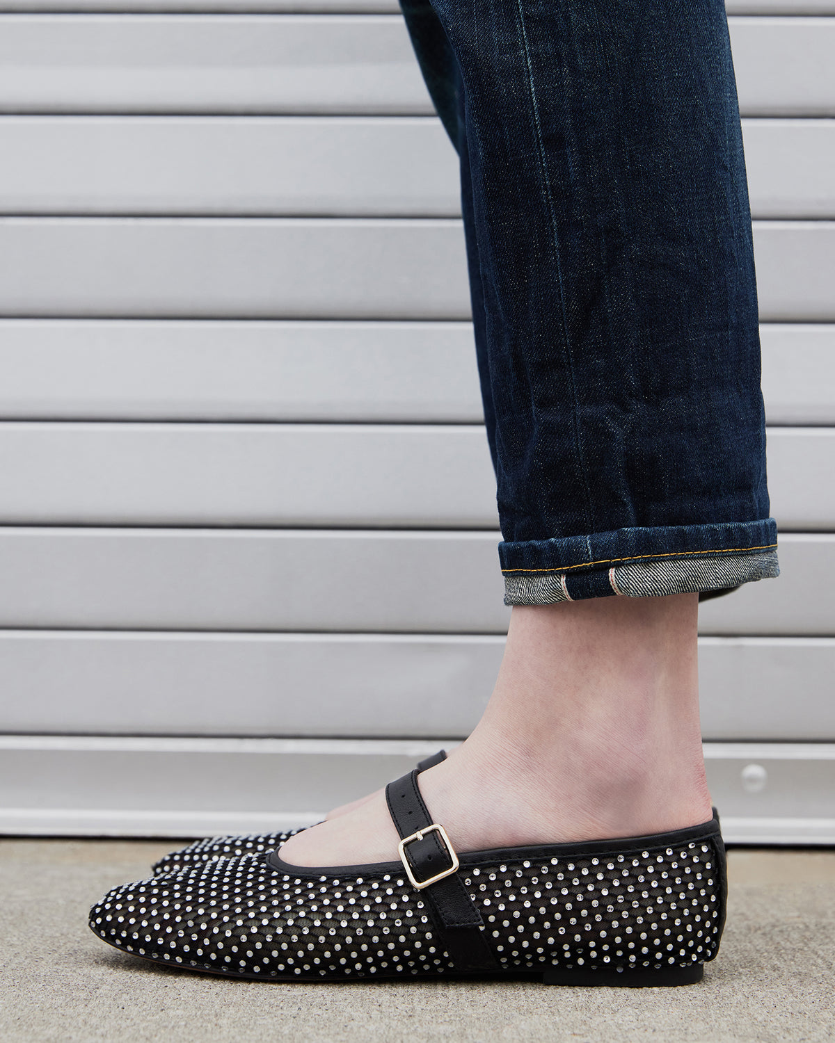 DREAMING Black Mesh Rhinestone Mary Jane | Women's Flats