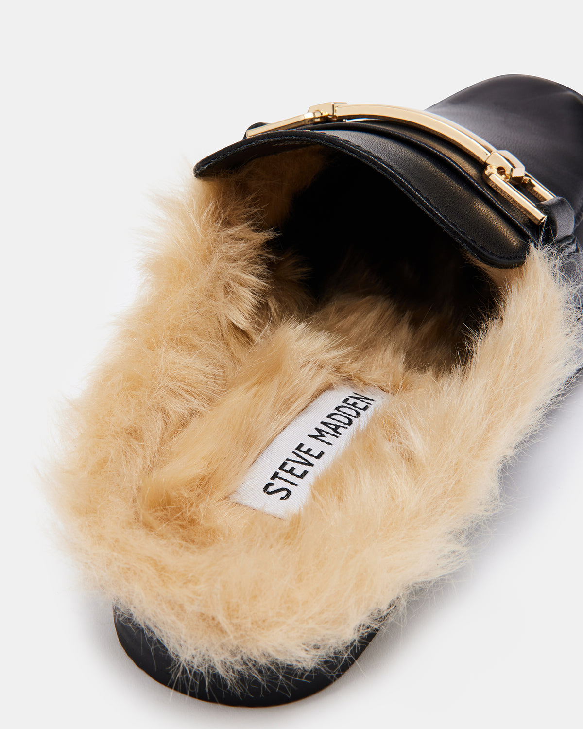 KHLOE Black Leather Women's Faux Fur Mule