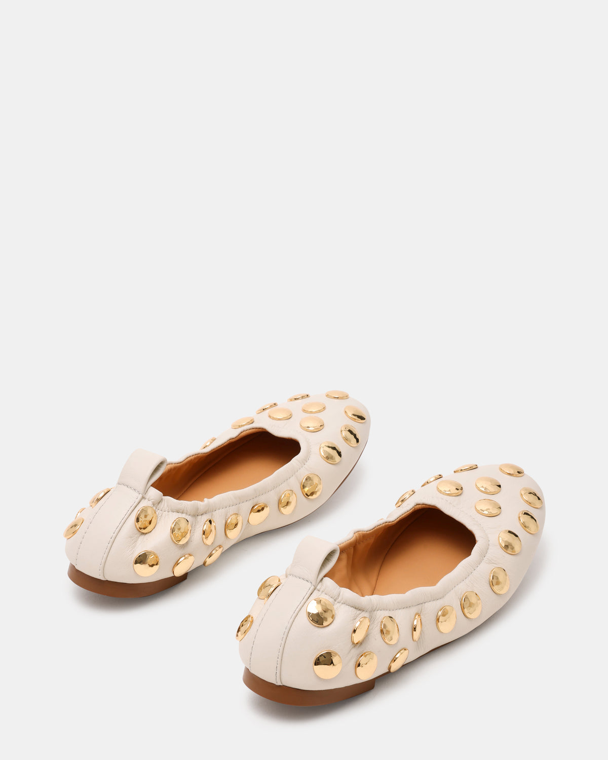 LANTA White Leather Studded Gold-Detail Round-Toe Women's Flat