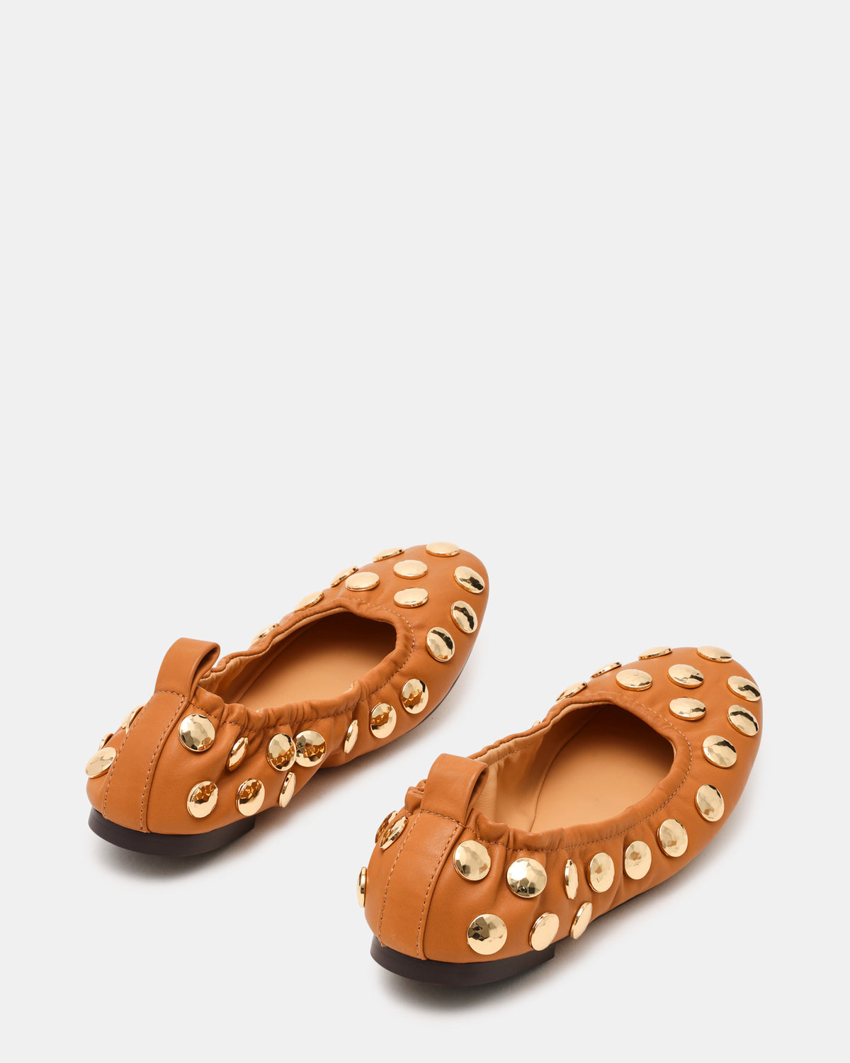 LANTA Tan Leather Studded Gold-Detail Round-Toe Women's Flat