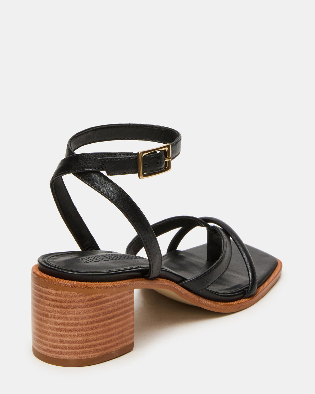 TILLY Black Leather Square-Toe Block Heel Strappy Women's Sandal