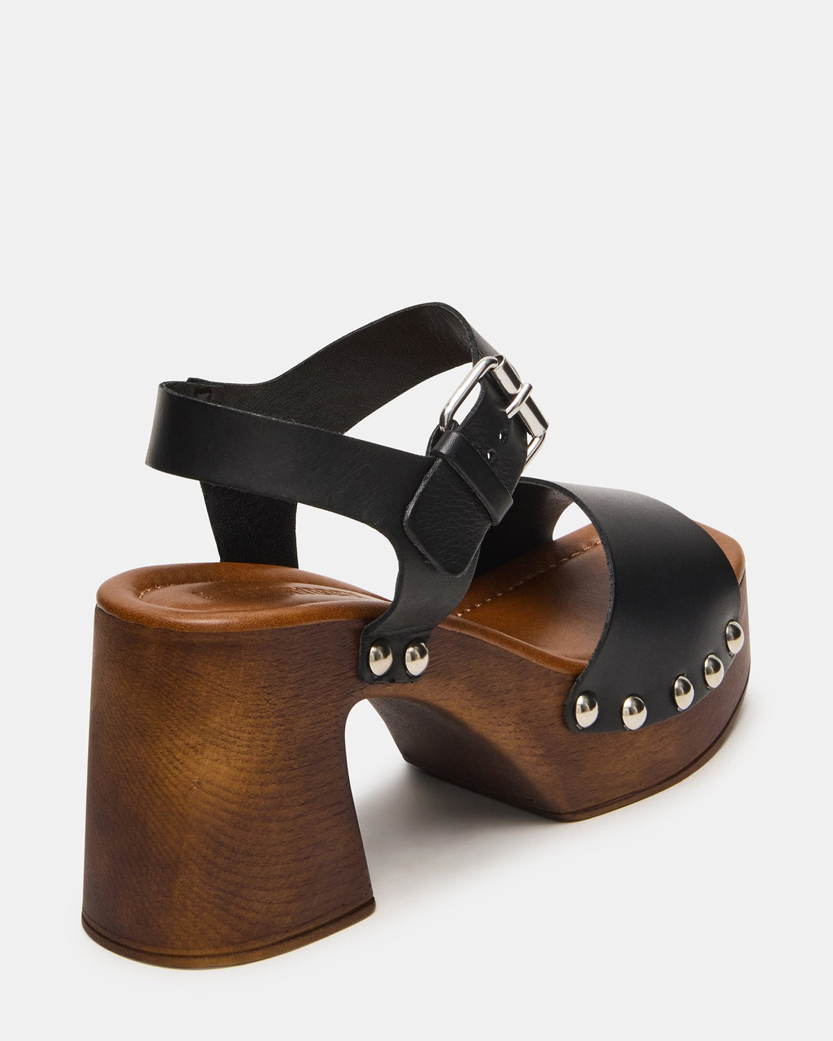 JEMMA Black Leather Square-Toe Wood Bottom Block Heel Women's Sandal