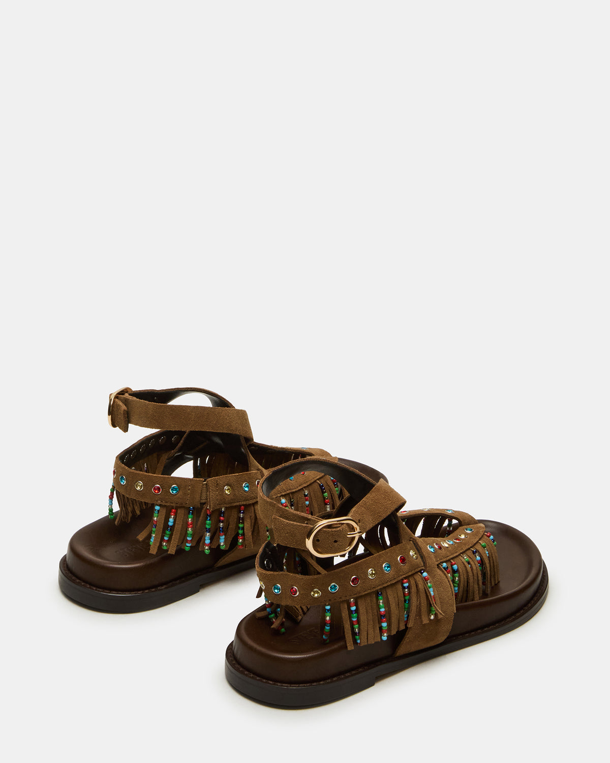 WENDELL Chestnut Suede Beaded Flatform Footbed Strappy Fringe Women's Sandal