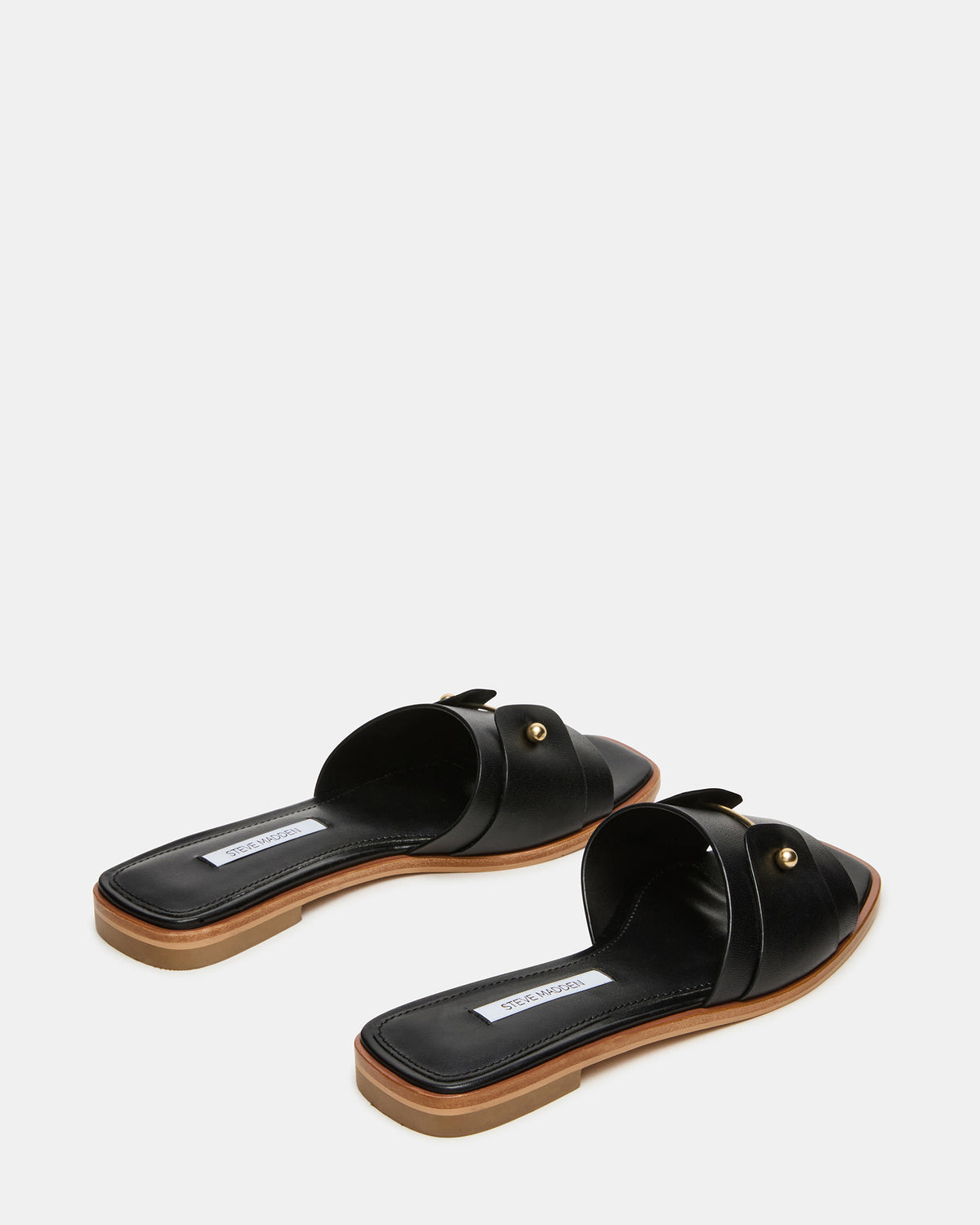 HASTEN Black Leather Gold Detail Slide Women's Sandal Steve Madden BLACK LEATHER