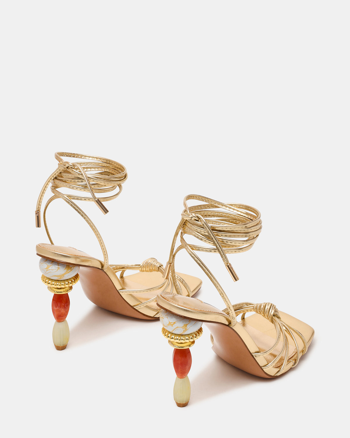SOLENA Gold Strappy Leg-Tie Square-Toe Women's Sculptured Heel