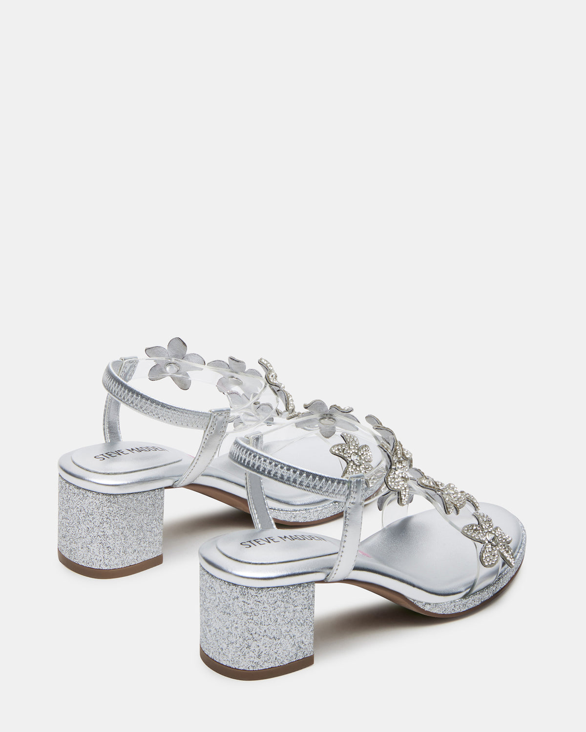 Kids' SAVVY Silver Girls' Strappy Rhinestone Block Heel