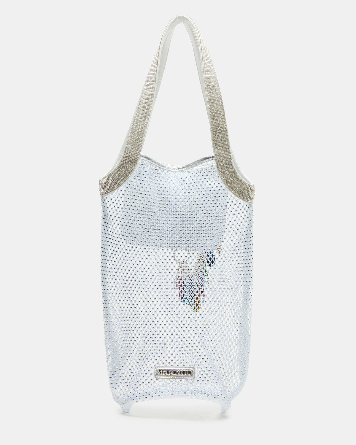 MAKIA White Women's Crystal Rhinestone Shoulder Strap Net Tote Handbag