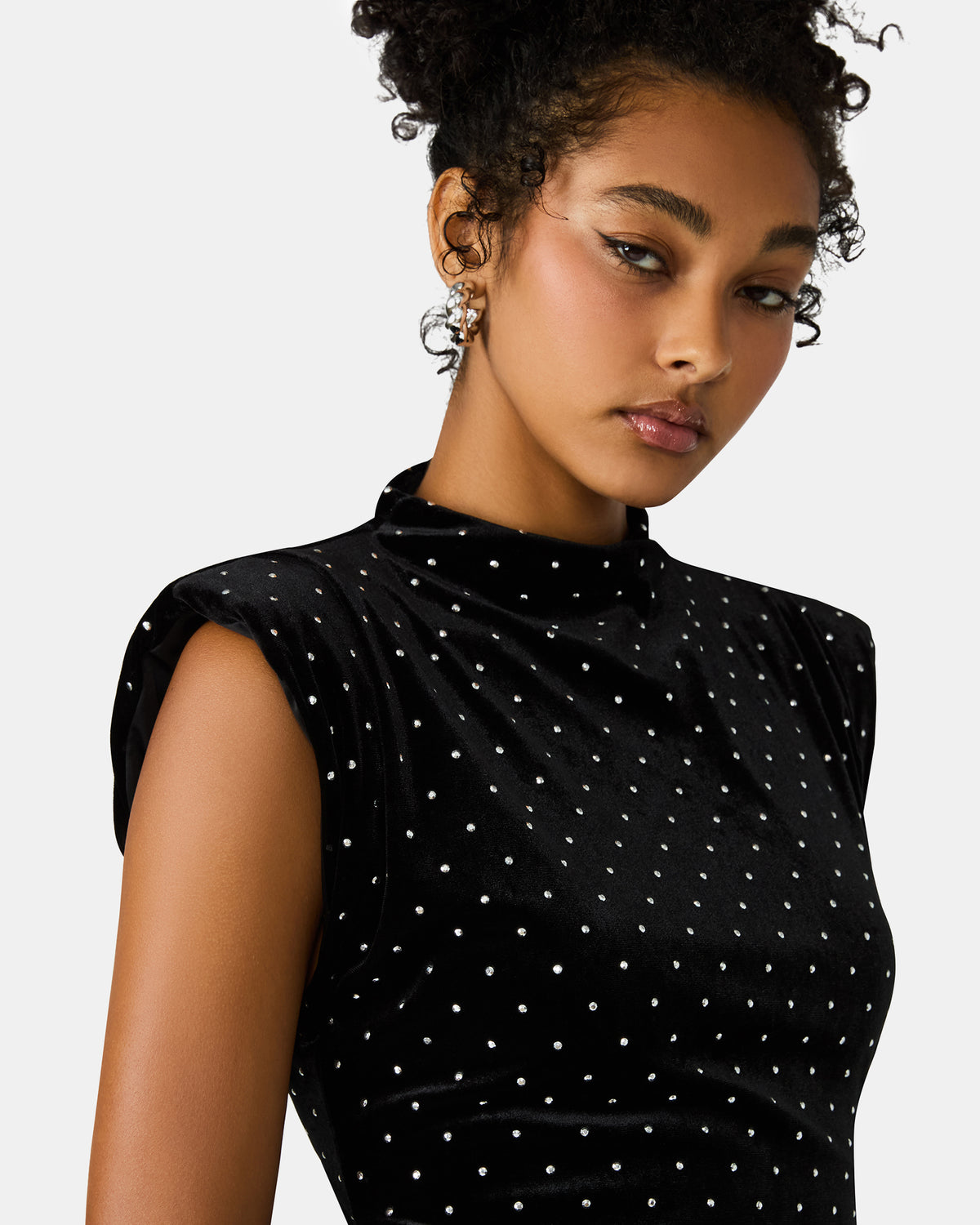 ASTORIA Black Rhinestone Embellished Velvet Shoulder Pads Bodycon Mini Women's Dress