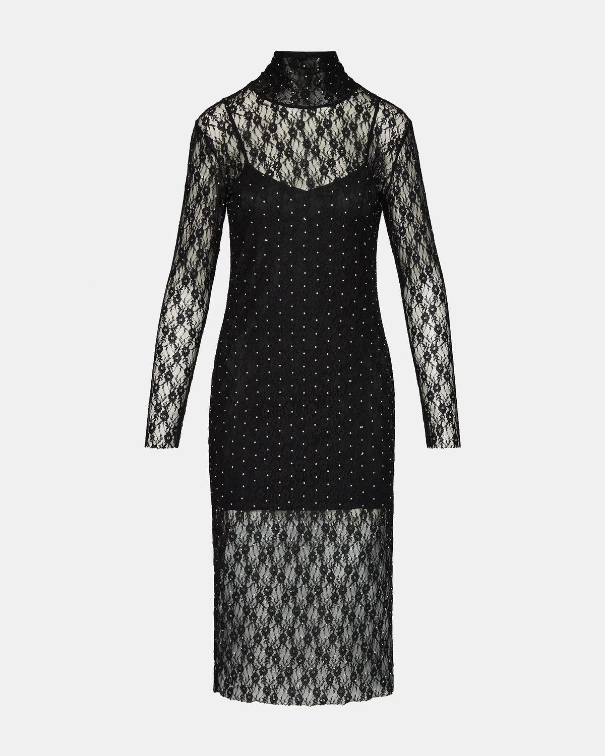 VIVIENNE Black Studded Lace Women's Mock Neck Midi Dress