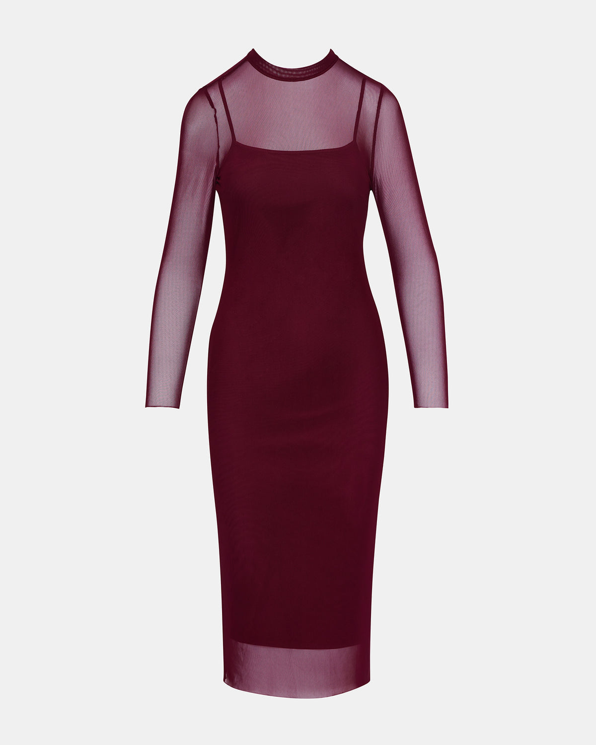 HAILEE Wine Long-Sleeved Mesh Pull-On Mock Neck Midi Women's Dress
